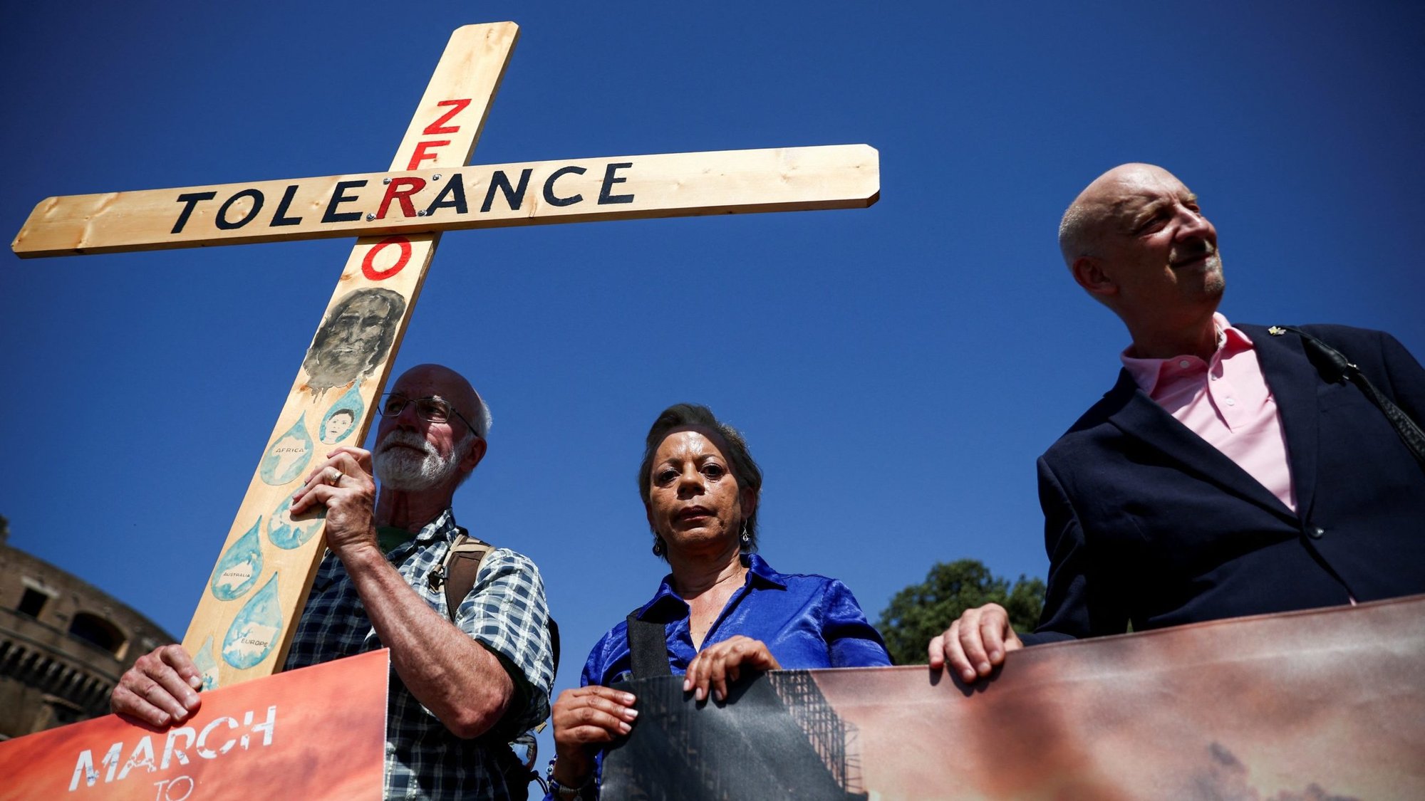 Advocates of zero tolerence for clergy sexual abuse including Peter Isely, right, Tim Law, and Denise Buchanan, attend a march with survivors of clergy sexual abuse and activists near the Vatican in Rome Sept. 27, 2023. (OSV News/Guglielmo Mangiapane, Reuters)