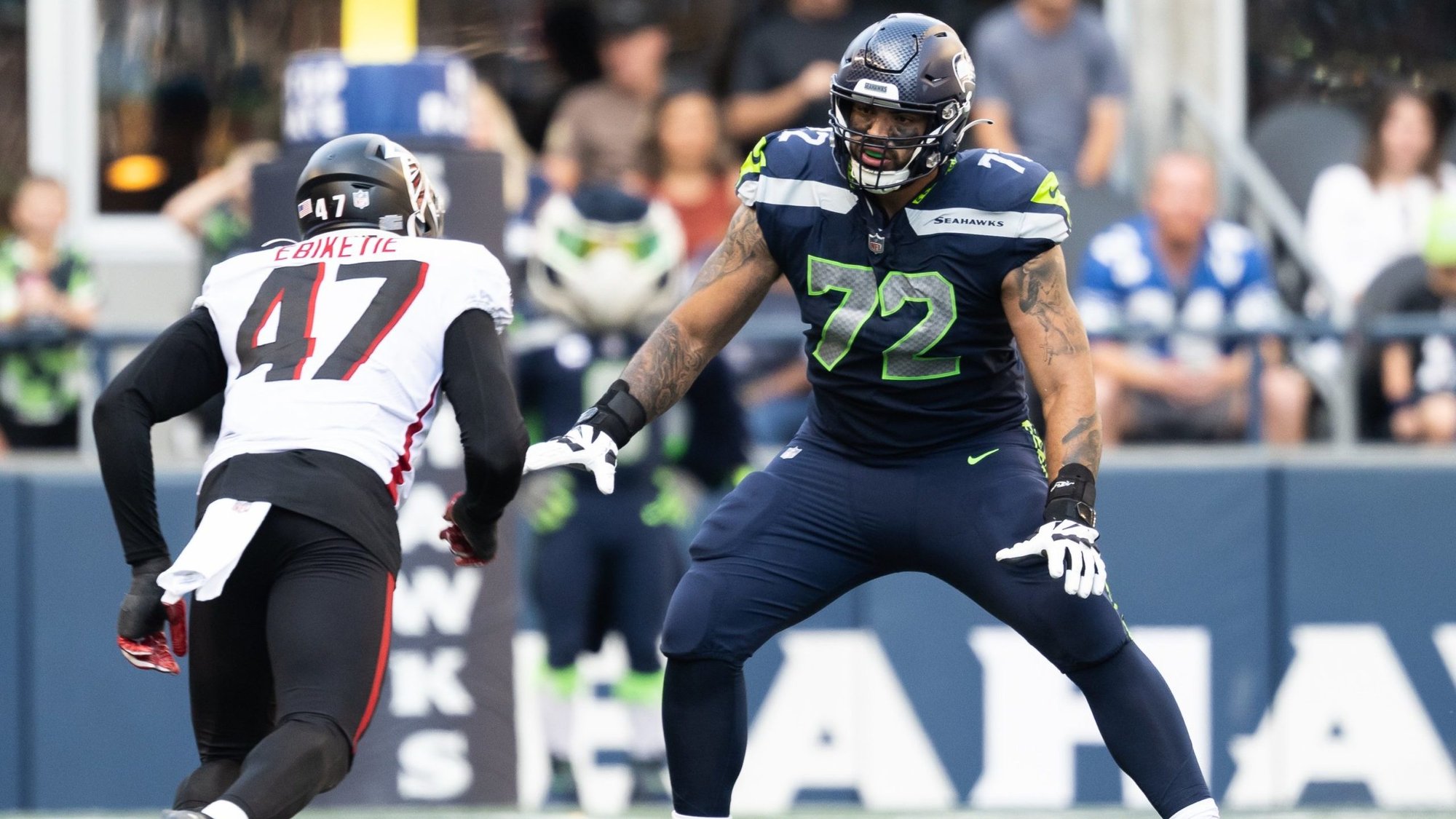 Seattle Seahawks No. 72, offensive tackle Abraham "Abe" Lucas -- a self-described "hard-core Catholic" -- is pictured in 2022 during a game against the Atlanta Falcons. (OSV News/Saskia Potter, courtesy Seattle Seahawks)