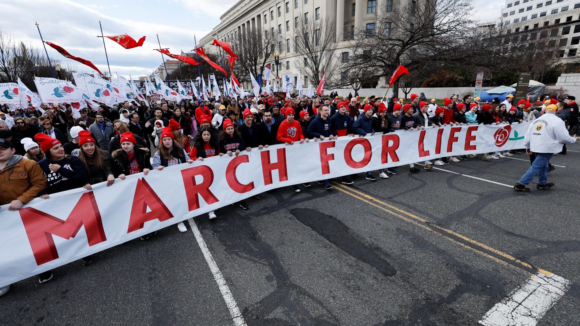 Pro-life demonstrators carry a banner past the U.S. Supreme Court during the annual March for Life in Washington Jan. 20, 2023. (OSV News/Jonathan Ernst, Reuters)