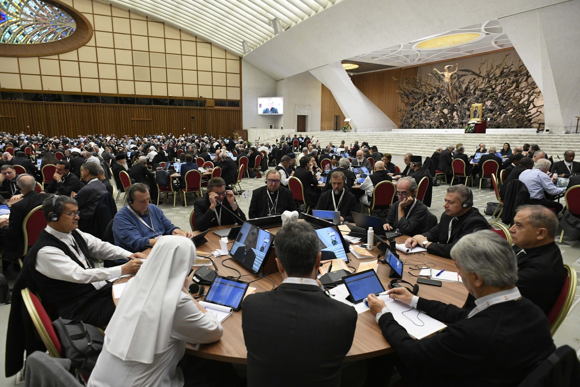 Participants in the assembly of the Synod of Bishops meeting in the Paul VI Audience Hall at the Vatican Oct. 25, 2023. (CNS/Vatican Media)