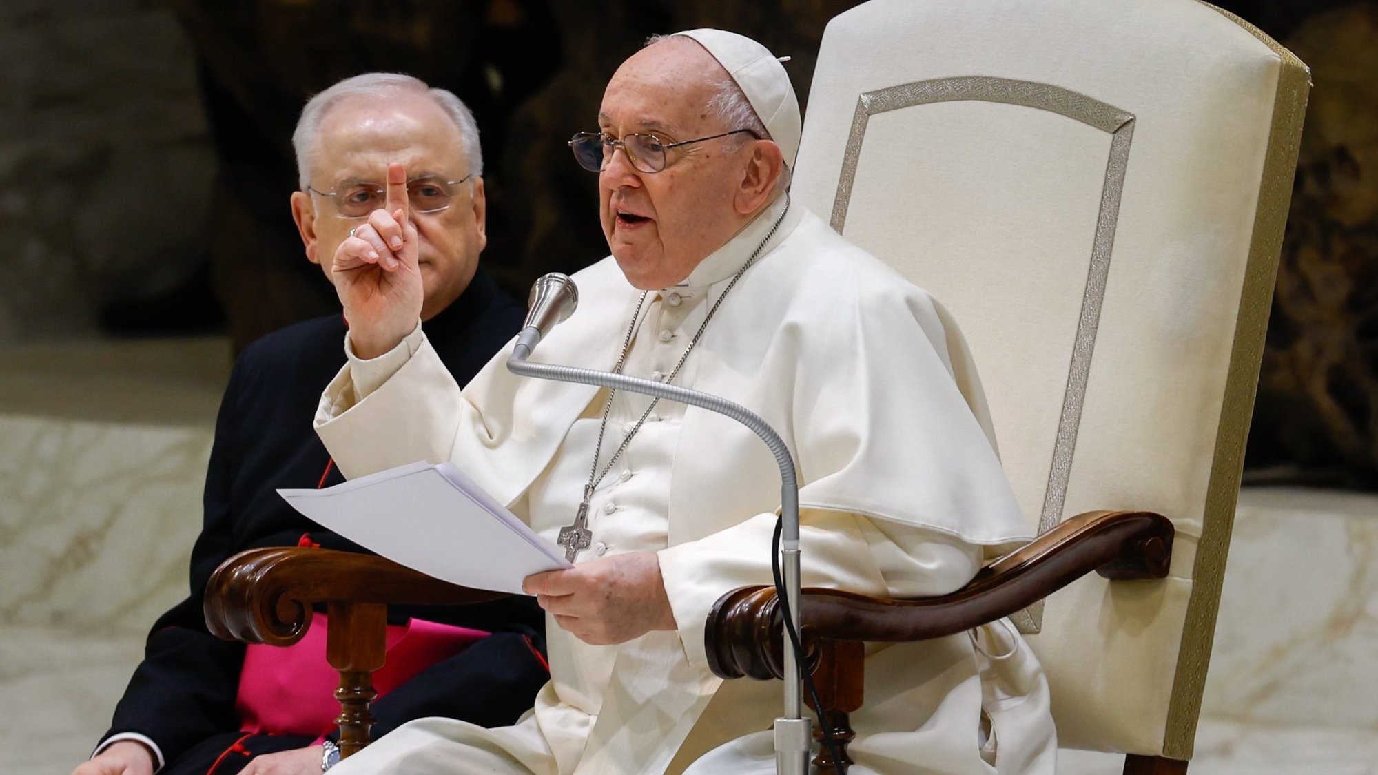 Pope Francis speaks to visitors during his general audience in the Paul VI Audience Hall at the Vatican Dec. 27, 2023. (CNS/Lola Gomez)