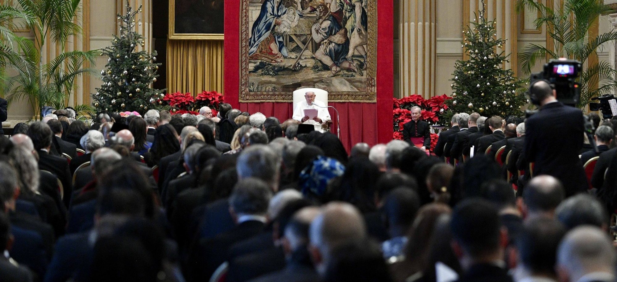 Pope Francis speaks during his annual meeting with diplomats accredited to the Holy See at the Vatican Jan. 8, 2024. (CNS photo/Vatican Media)