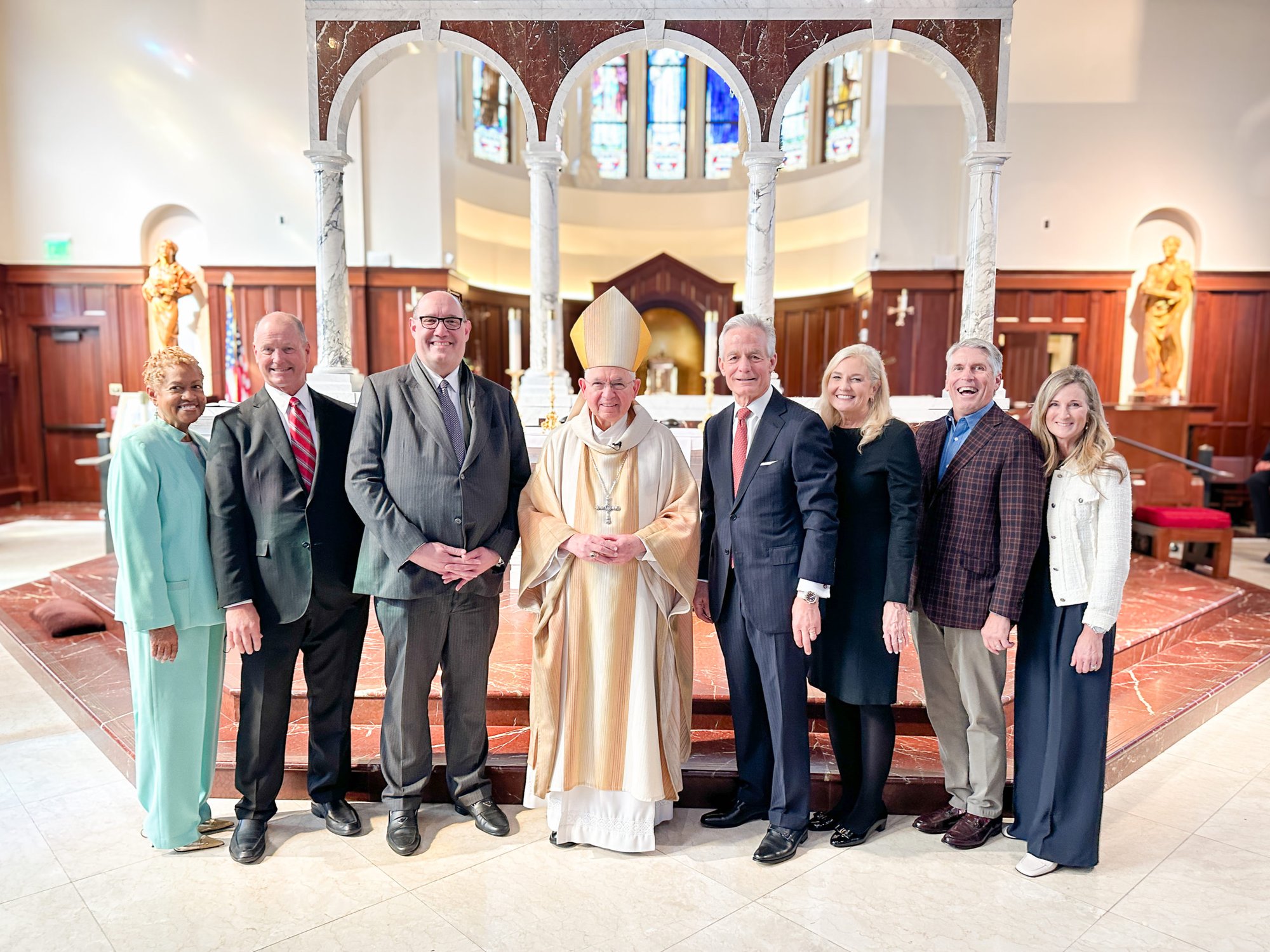 From left: Delia Wilson-Johnson, Daniel K. Walker, Thomas J. Blumenthal, Archbishop José H. Gomez, Lew and Lisa Horne, Clare and Jim Gurbach.