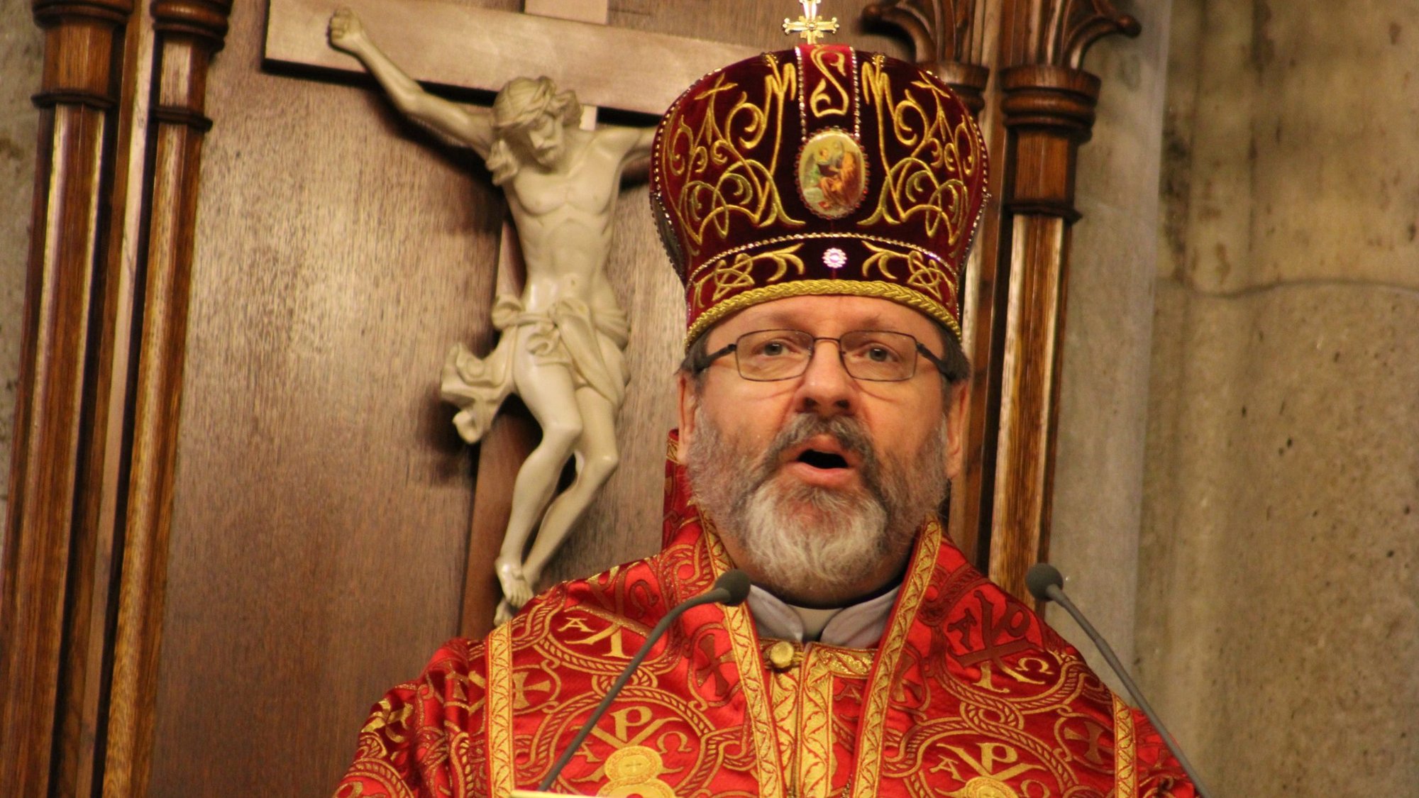 Major Archbishop Sviatoslav Shevchuk of Kyiv-Halych, head of the worldwide Ukrainian Greek Catholic Church, delivers the homily during a Mass of thanksgiving for Aid to the Church in Need at St. Patrick’s Cathedral in New York City March 10, 2024. (OSV News/Gina Christian)