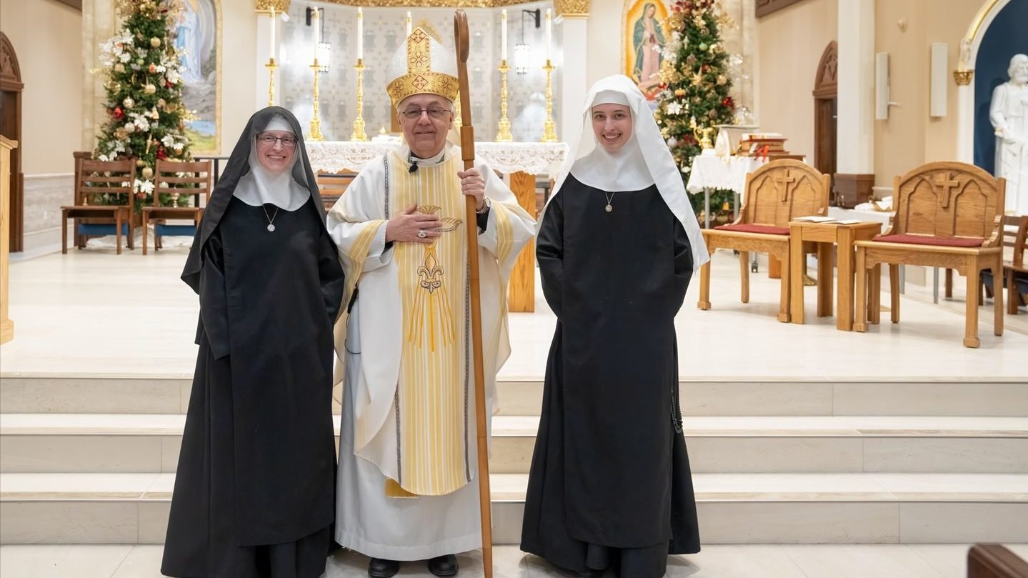 Mother Chiara Thérèse and Sister Lucia Rose of Servants of the Children of the Light after the ceremony with Bishop David Kagan of the Diocese of Bismarck, North Dakota. (Servants of the Children of Light Facebook)