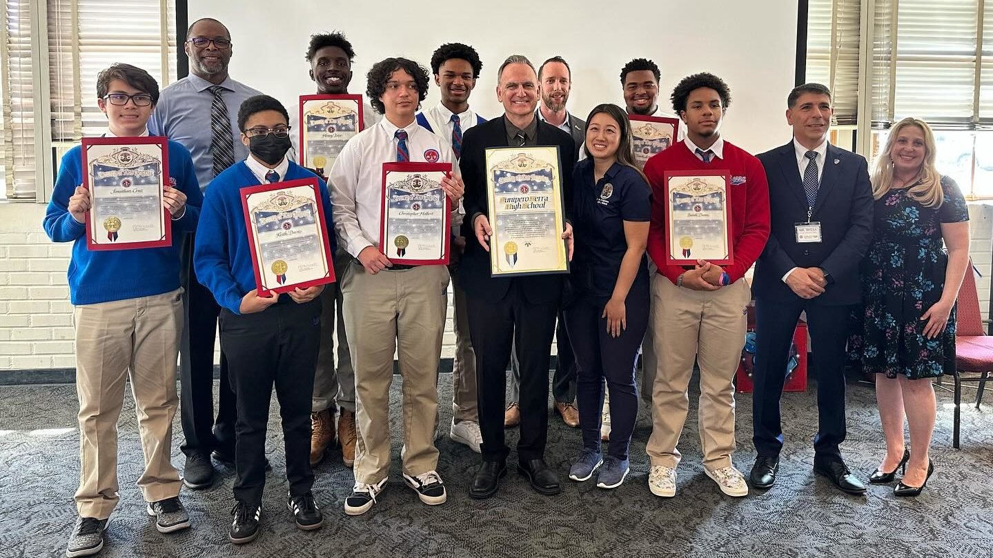 Members of the team that helped launch an experiment into space were honored by LA County Supervisor Holly J. Mitchell’s office at the March 21 launch event at Junipero Serra High School in Gardena. (Serra High School)