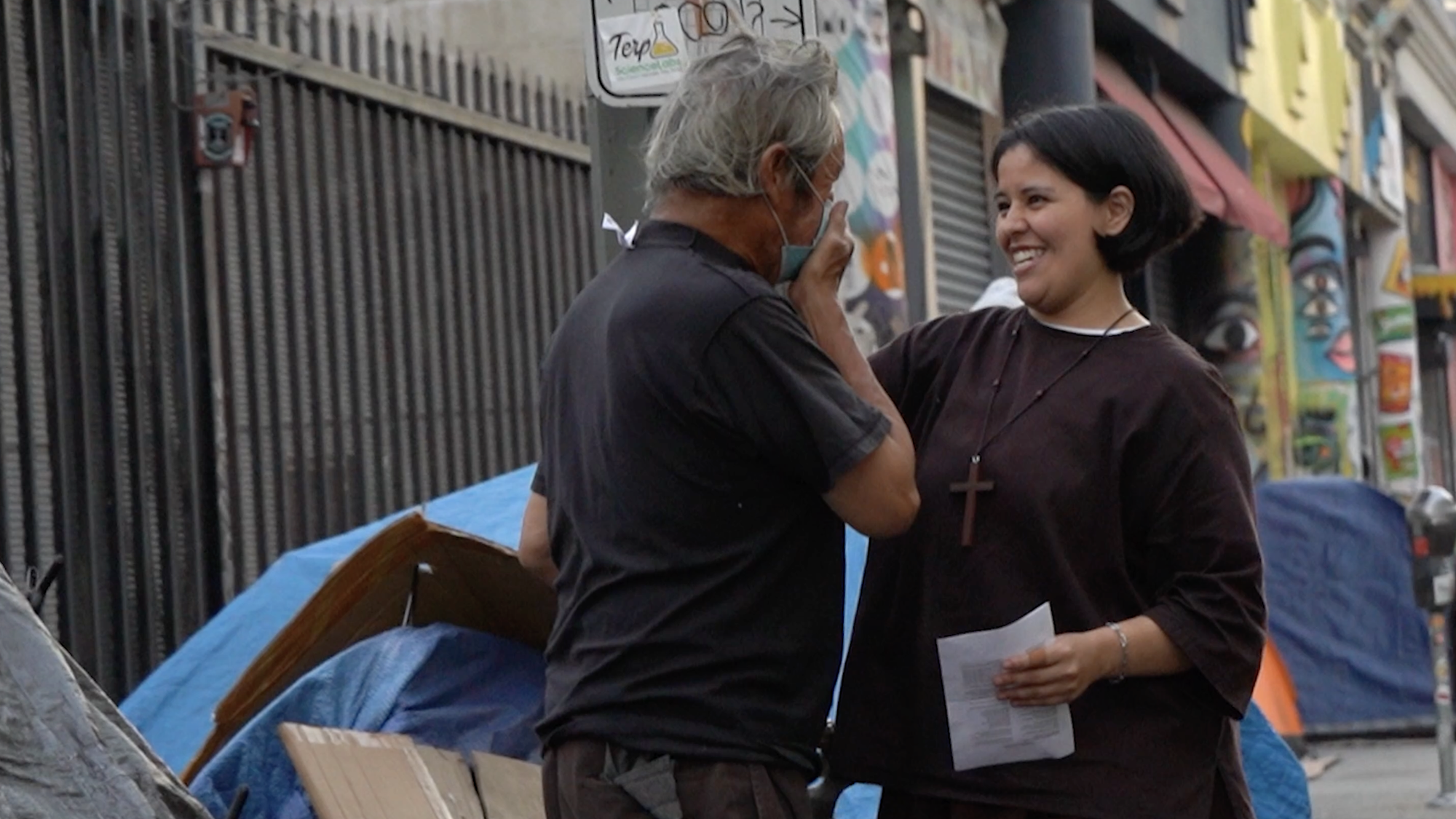A scene from a special Eucharistic procession near Skid Row was part of the Archdiocese of Los Angeles’ The Pope Video for May, which featured the formation of men and women religious, and seminarians. (ADLA)