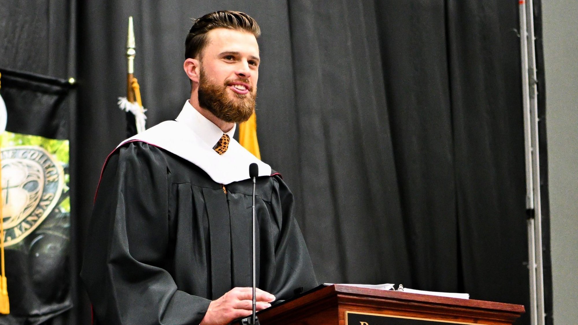 Harrison Butker, kicker for the Super Bowl LVIII champion Kansas City Chiefs, delivers the May 11, 2024, commencement address at Benedictine College in Atchison, Kan. (OSV News photo/Todd Nugent, courtesy Benedictine College)