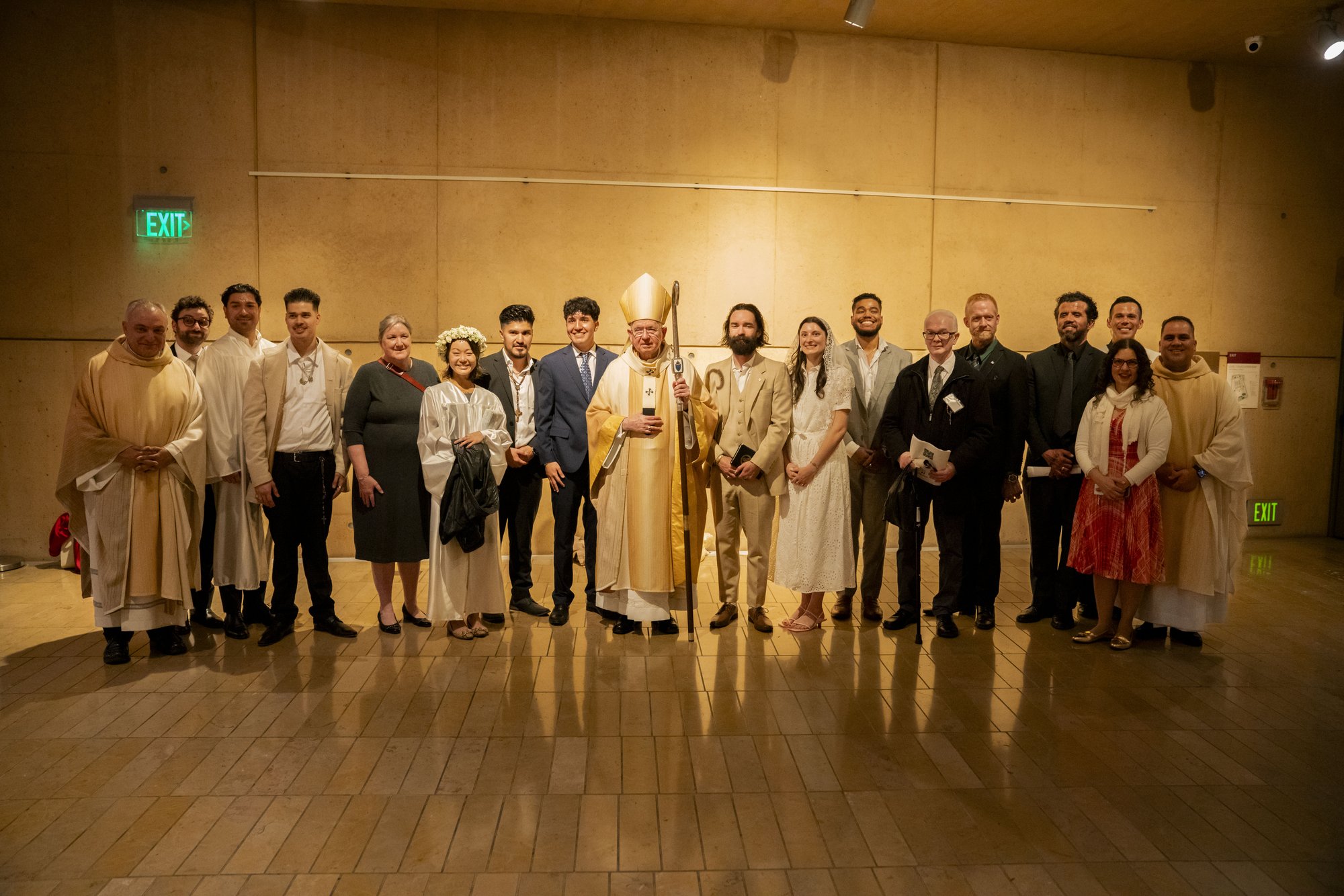 Archbishop José H. Gomez with the adult catechumens and candidates welcomed into the Catholic Church at the Easter Vigil at the Cathedral of Our Lady of the Angels March 29. (Archdiocese of LA)