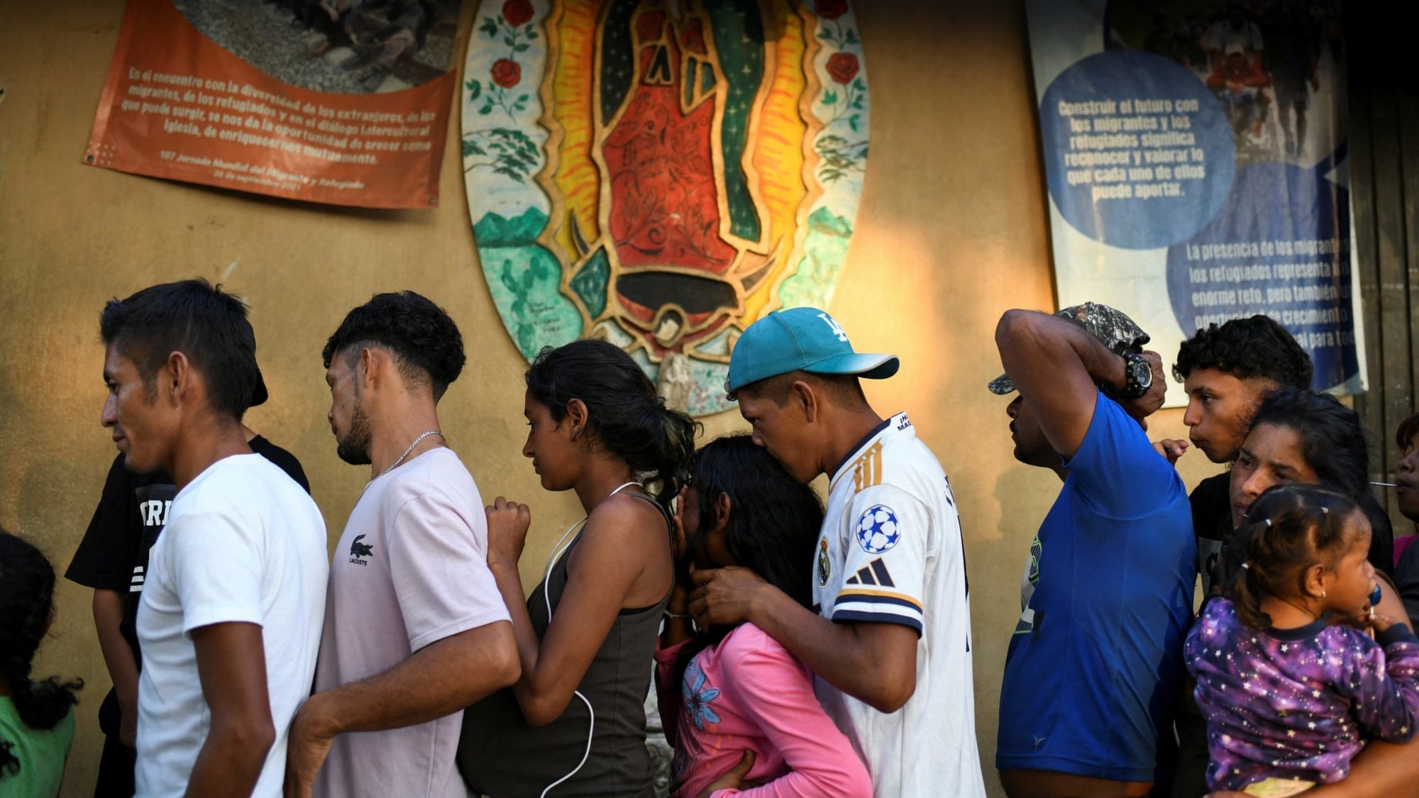 Migrants seeking to reach the U.S. border lineup for food outside the "Decanal Guadalupano" migrant shelter before continuing her journey through Mexico, in Tierra Blanca, Jan. 24, 2024. (OSV News photo/Yahir Ceballos, Reuters)
