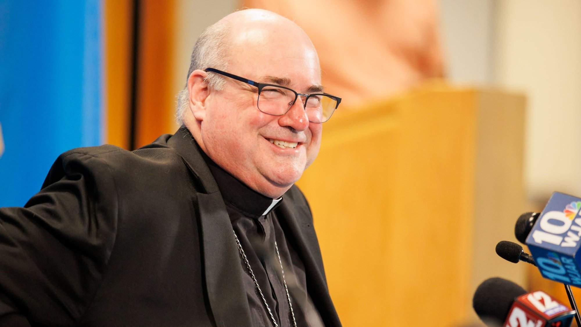 Archbishop Richard G. Henning speaks at a joint press conference with Boston Cardinal Seán P. O’Malley in the Archdiocese of Boston's Pastoral Center in Braintree, Mass., Aug. 5, 2024, after Pope Francis accepted Cardinal O'Malley's resignation and named then-Bishop Henning of Providence, R.I., as his successor. The Boston Archdiocese announced Archbishop Henning will be installed Oct. 31. (OSV News photo/Gregory L. Tracy, The Pilot)