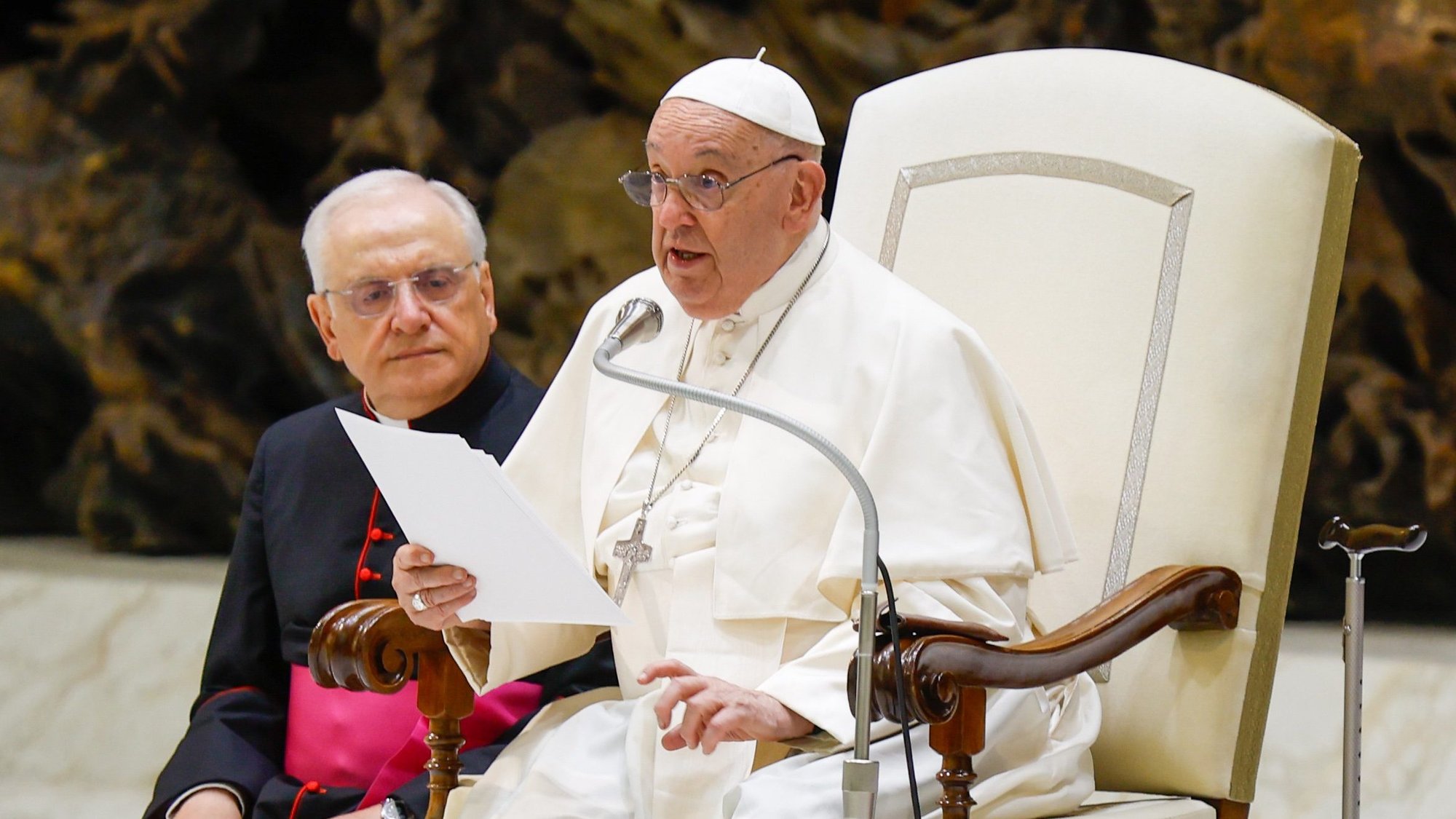 Pope Francis leads his weekly general audience Aug. 7, 2024, in the Paul VI Audience Hall at the Vatican. (CNS photo/LolaGomez)
