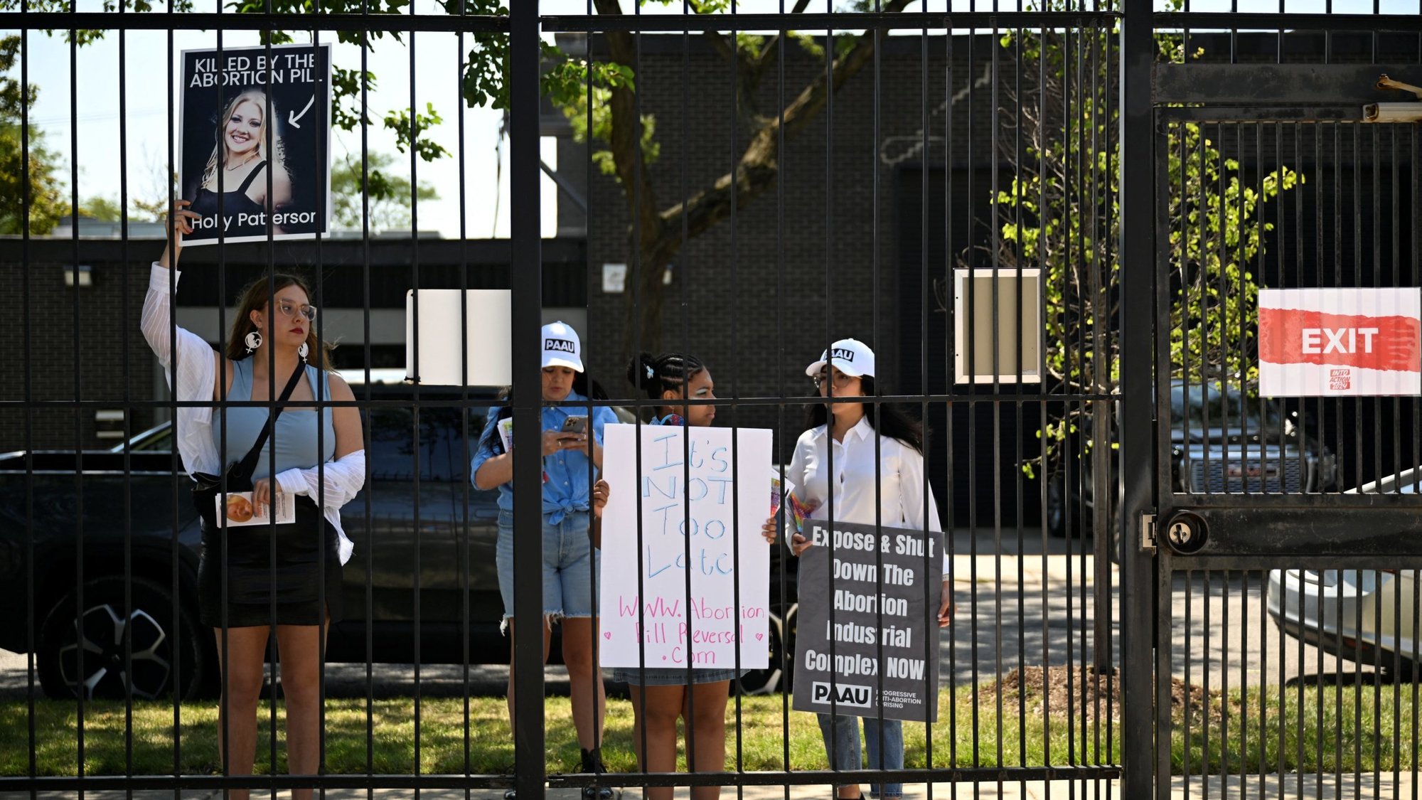Pro-life protesters hold placards outside of a Planned Parenthood mobile clinic nearby the United Center, the host venue of the Democratic National Convention in Chicago Aug. 19, 2024. (OSV News photo/Vincent Alban, Reuters)