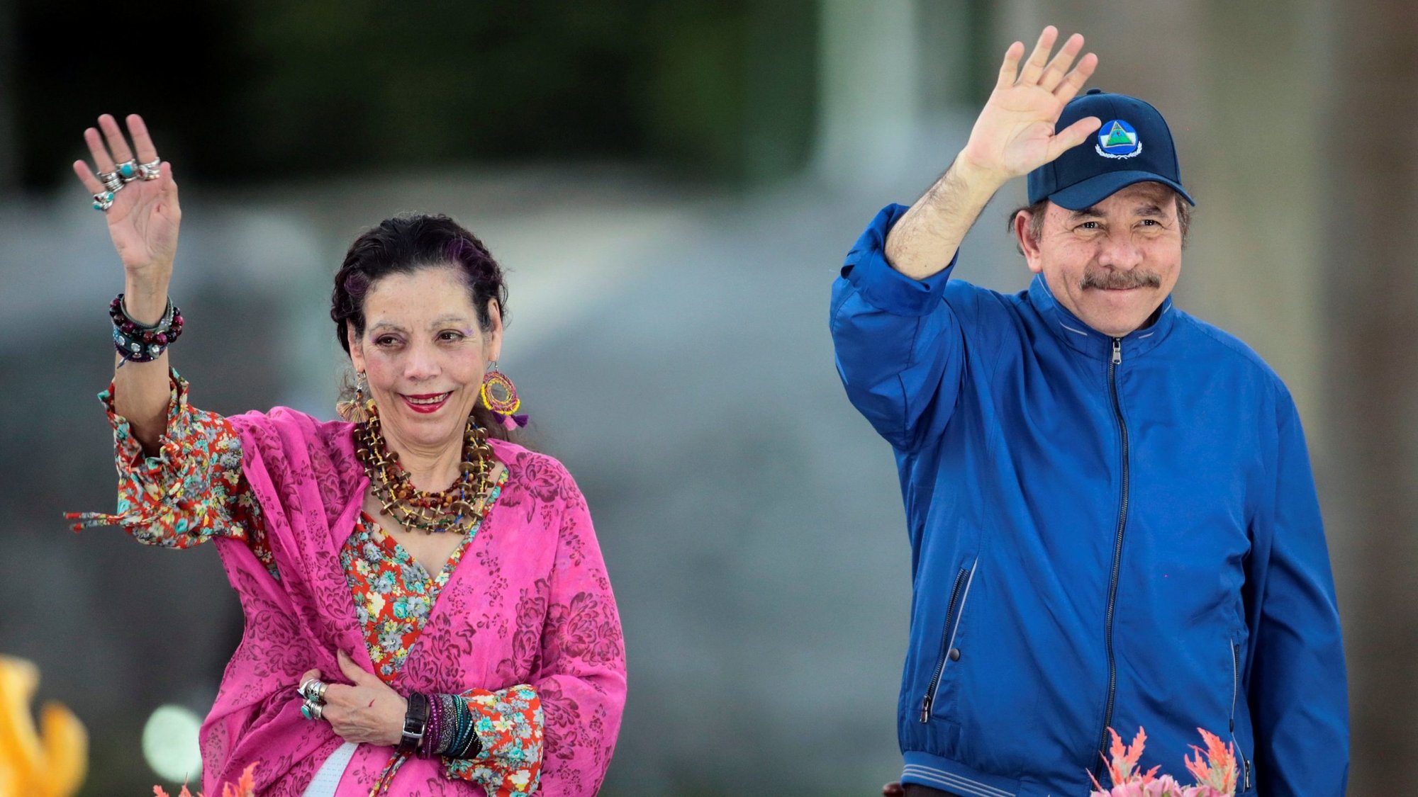 Nicaraguan President Daniel Ortega and his wife, Vice President Rosario Murillo, greet supporters during the opening ceremony of a highway overpass in Managua March 21, 2019. (OSV News photo/Oswaldo Rivas, Reuters)