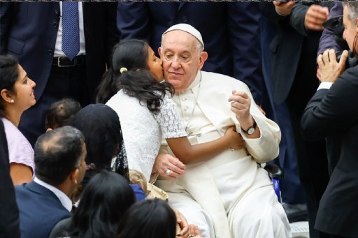 A child kisses Pope Francis on the cheek at the conclusion of his weekly general audience in the Paul VI Audience Hall at the Vatican Aug. 21, 2024. (CNS/Lola Gomez)