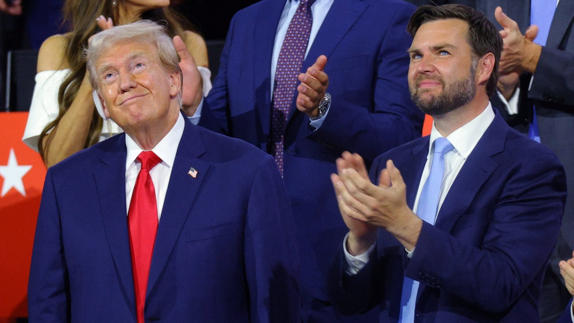 Republican presidential nominee and former President Donald Trump joins Republican vice presidential nominee Sen. JD Vance of Ohio during Day 1 of the Republican National Convention at the Fiserv Forum in Milwaukee July 15, 2024. (OSV News/Brian Snyder, Reuters)