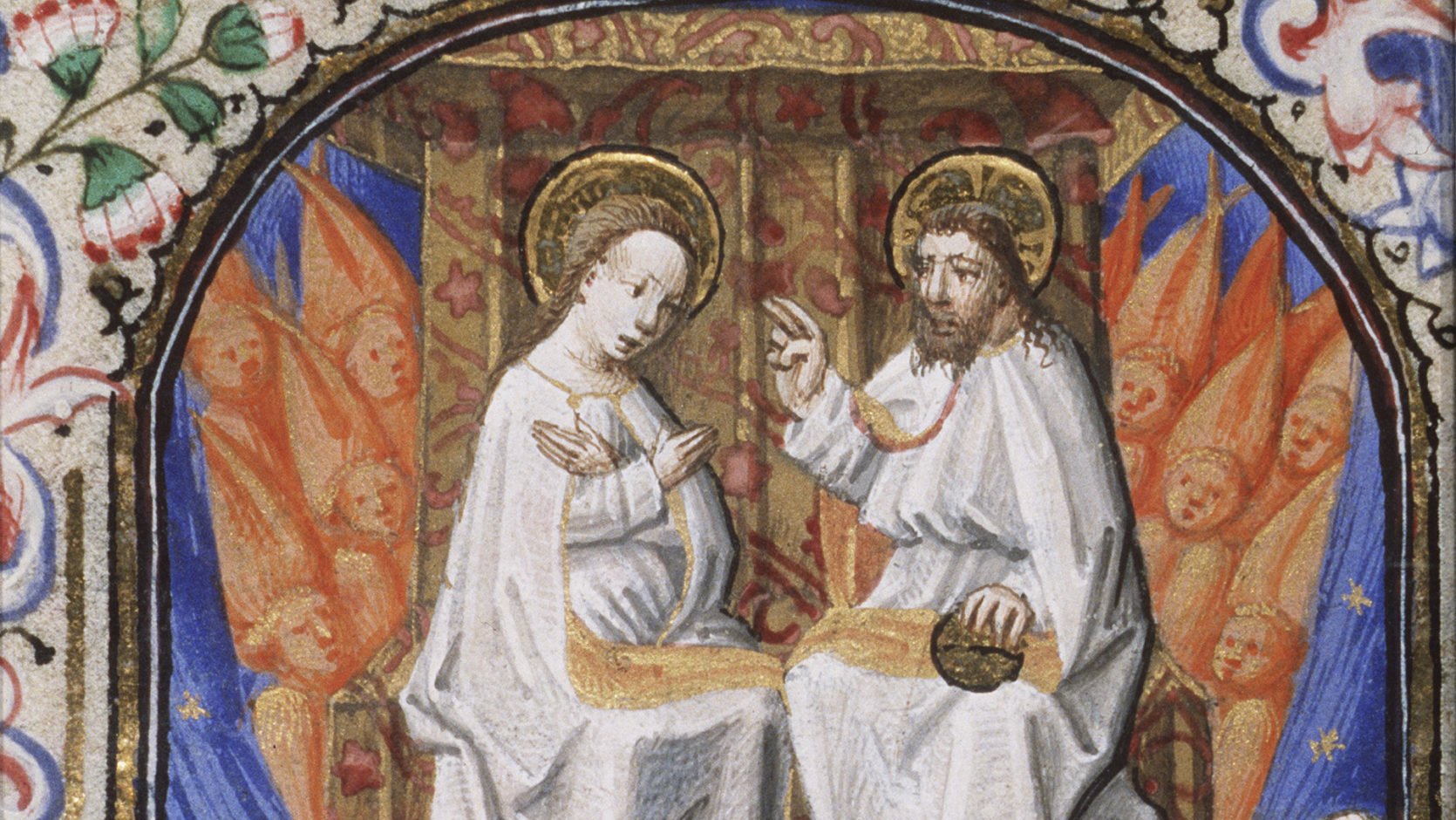 “Christ and Mary Enthroned in Heaven with Saints,” miniature from Book of Hours of Simon de Varie, anonymous, Master of Jean Rolin II. (Wikimedia Commons)