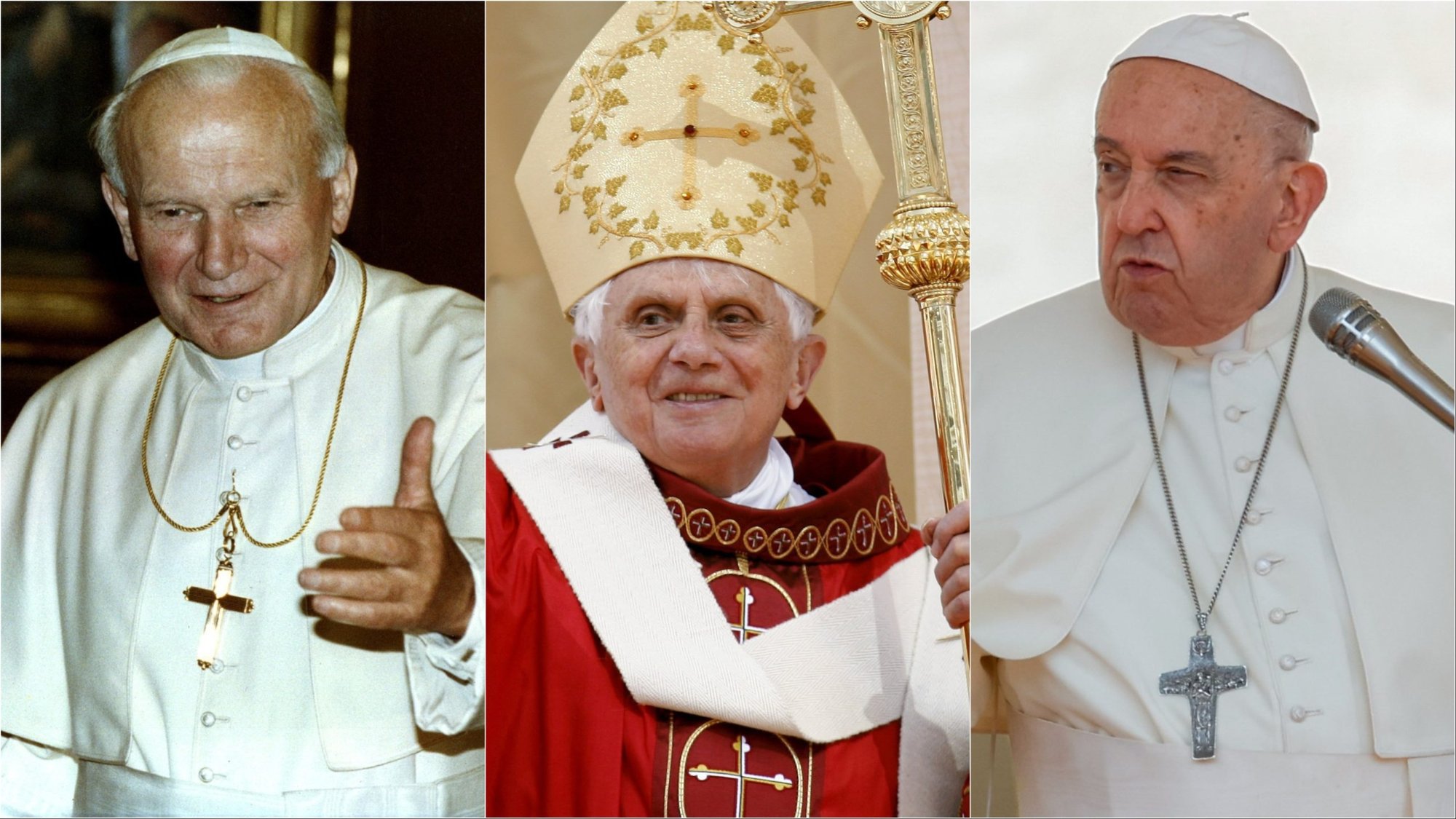 St. Pope John Paul II, Pope Benedict XVI and Pope Francis. (Left: CNS/Luciano Mellace, Reuters; Middle: OSV News/Nancy Wiechec, CNS; Right: CNS/Lola Gomez)