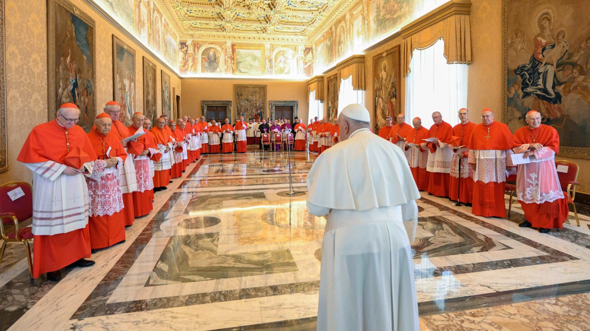 Pope Francis holds a consistory at the Vatican July 1, 2024, with cardinals living in Rome to approve the canonization of several sainthood candidates. The pope announced the date for the canonizations will be Oct. 20 for everyone except Blessed Carlo Acutis, whose canonization date is yet to be determined. (CNS photo/Vatican Media)