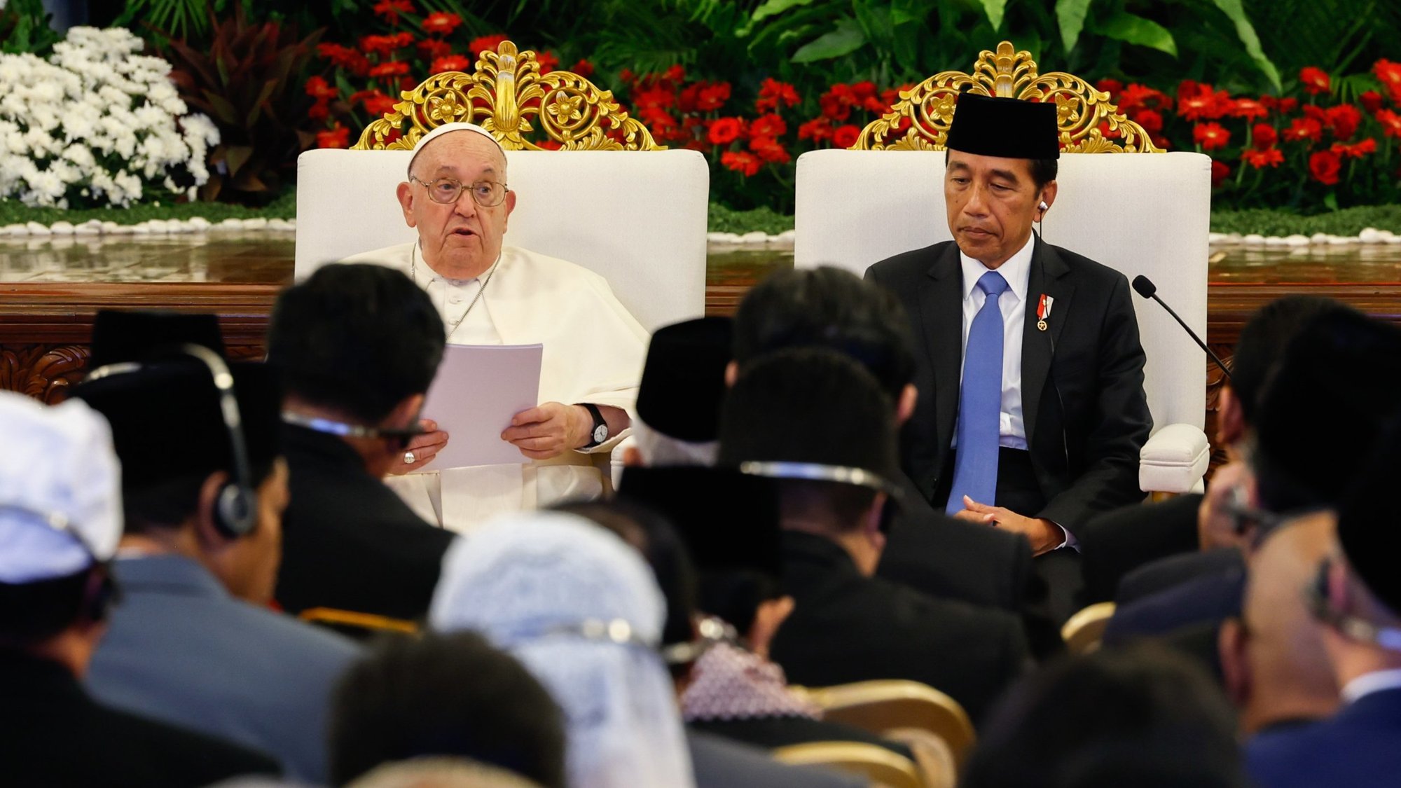 Pope Francis, seated alongside Indonesian President Joko Widodo, speaks to government and civil leaders at Istana Negara, a national palace in Jakarta, Indonesia, Sept. 4, 2024. (CNS photo/Lola Gomez)