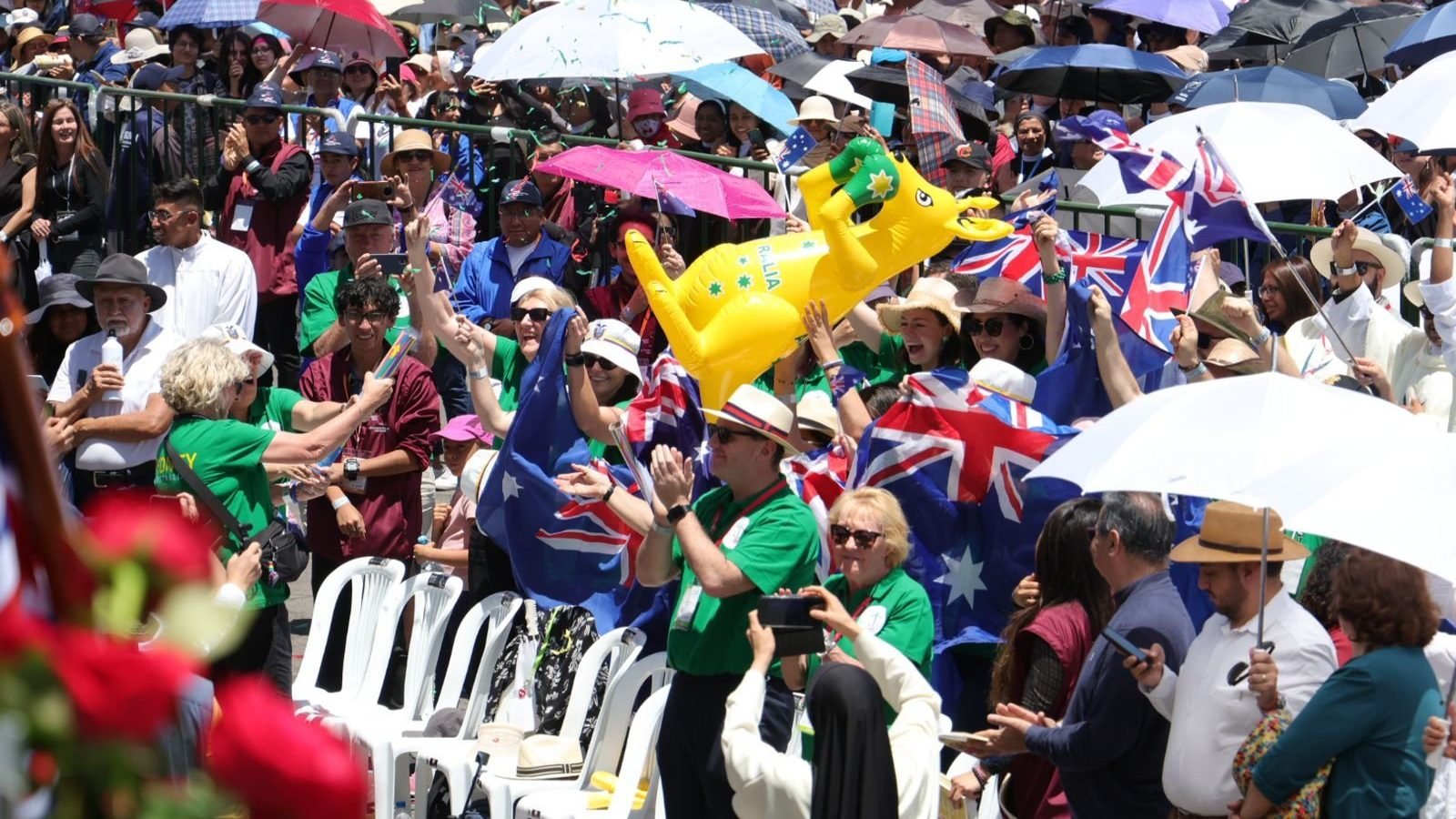 Australians burst into joy in Quito, Ecuador, Sept. 15, 2024, the last day of the 53rd International Eucharistic Congress, as they learn that the 54th congress will be held in Sydney in 2028. (OSV News photo/courtesy International Eucharistic Congress)