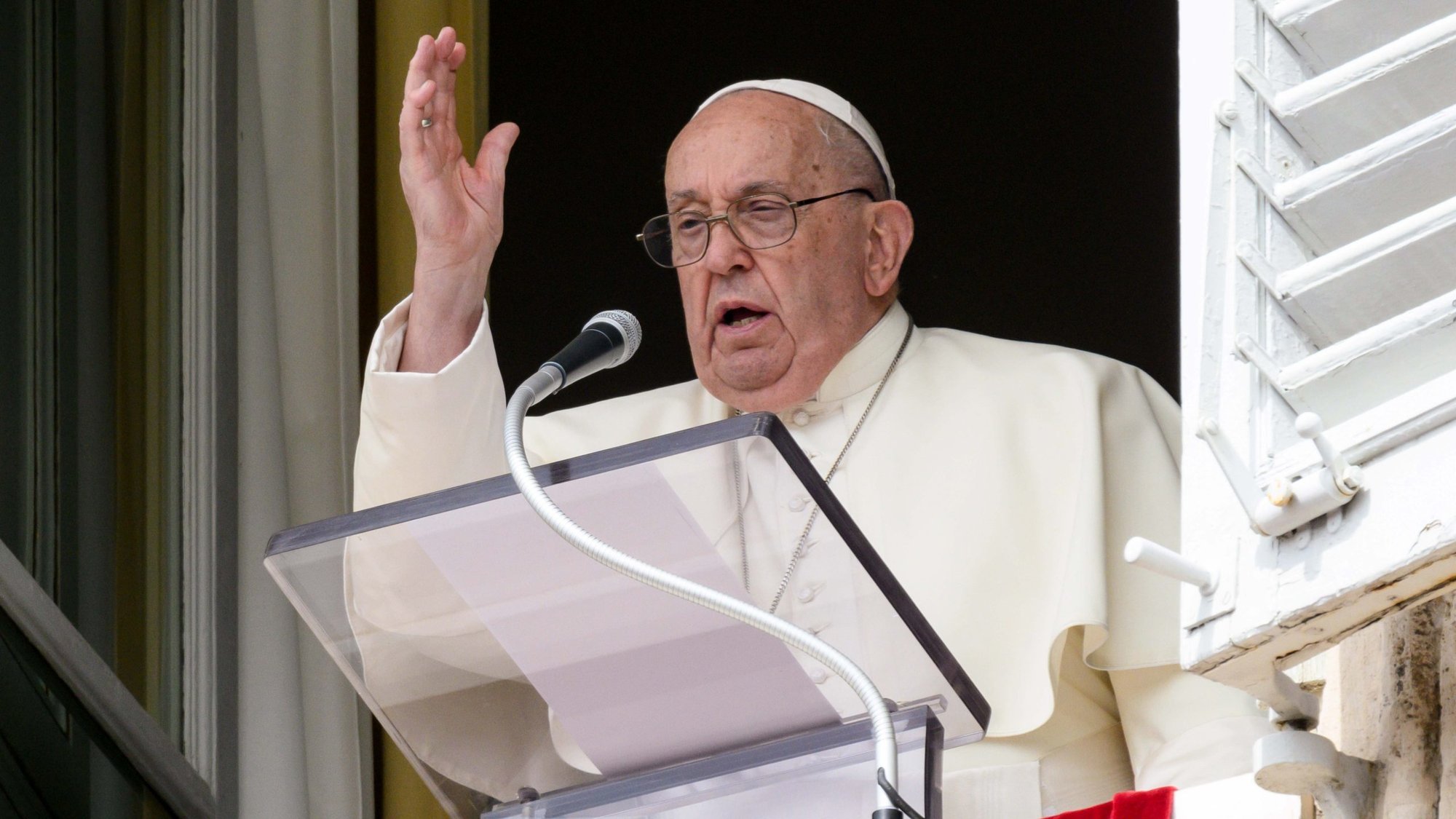 Pope Francis gives his blessing to visitors gathered in St. Peter's Square after praying the Angelus at the Vatican Sept. 22, 2024. (CNS photo/Vatican Media)