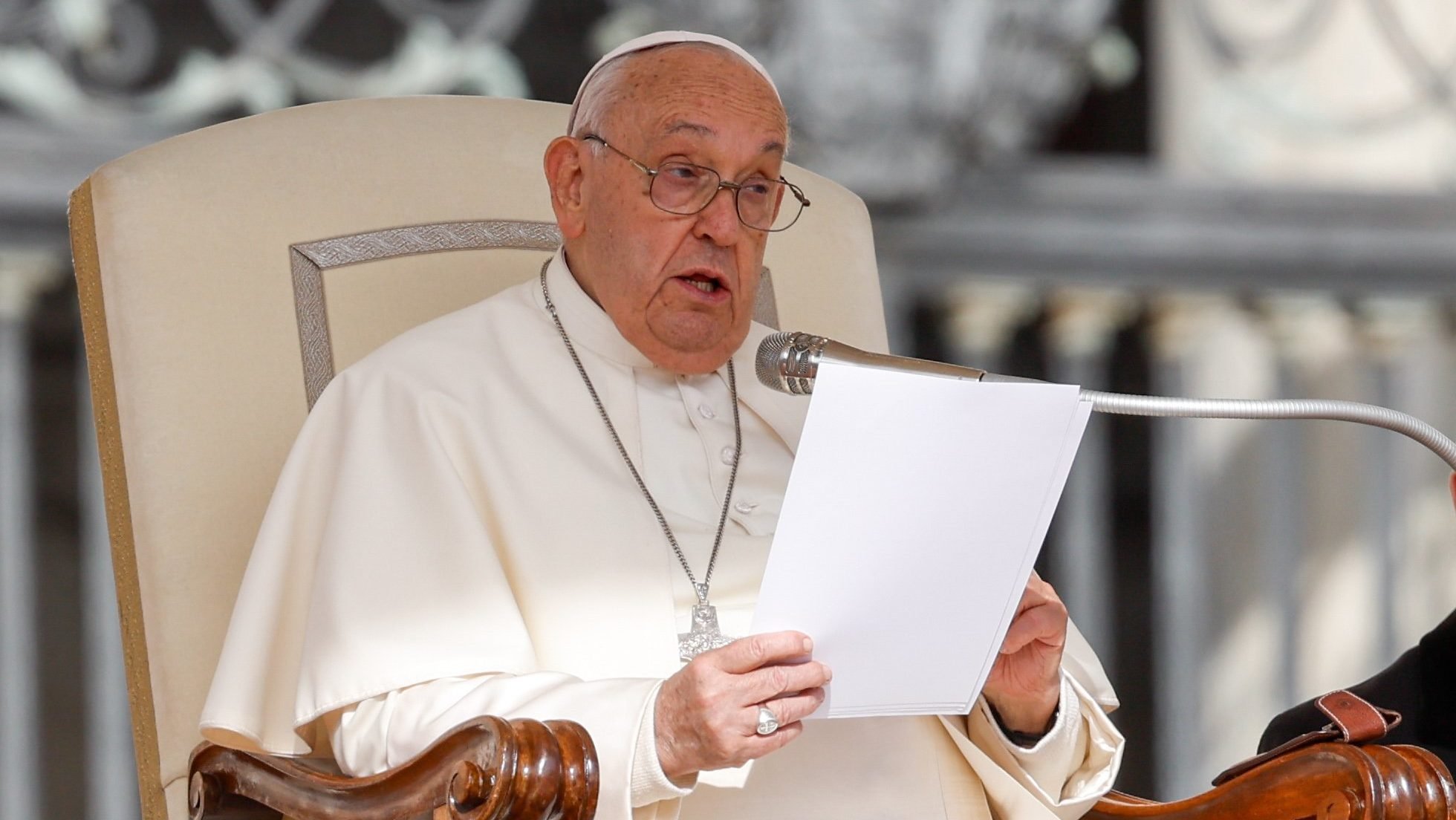 Pope Francis speaks during his general audience in St. Peter's Square at the Vatican Sept. 25, 2024. (CNS photo/Lola Gomez)