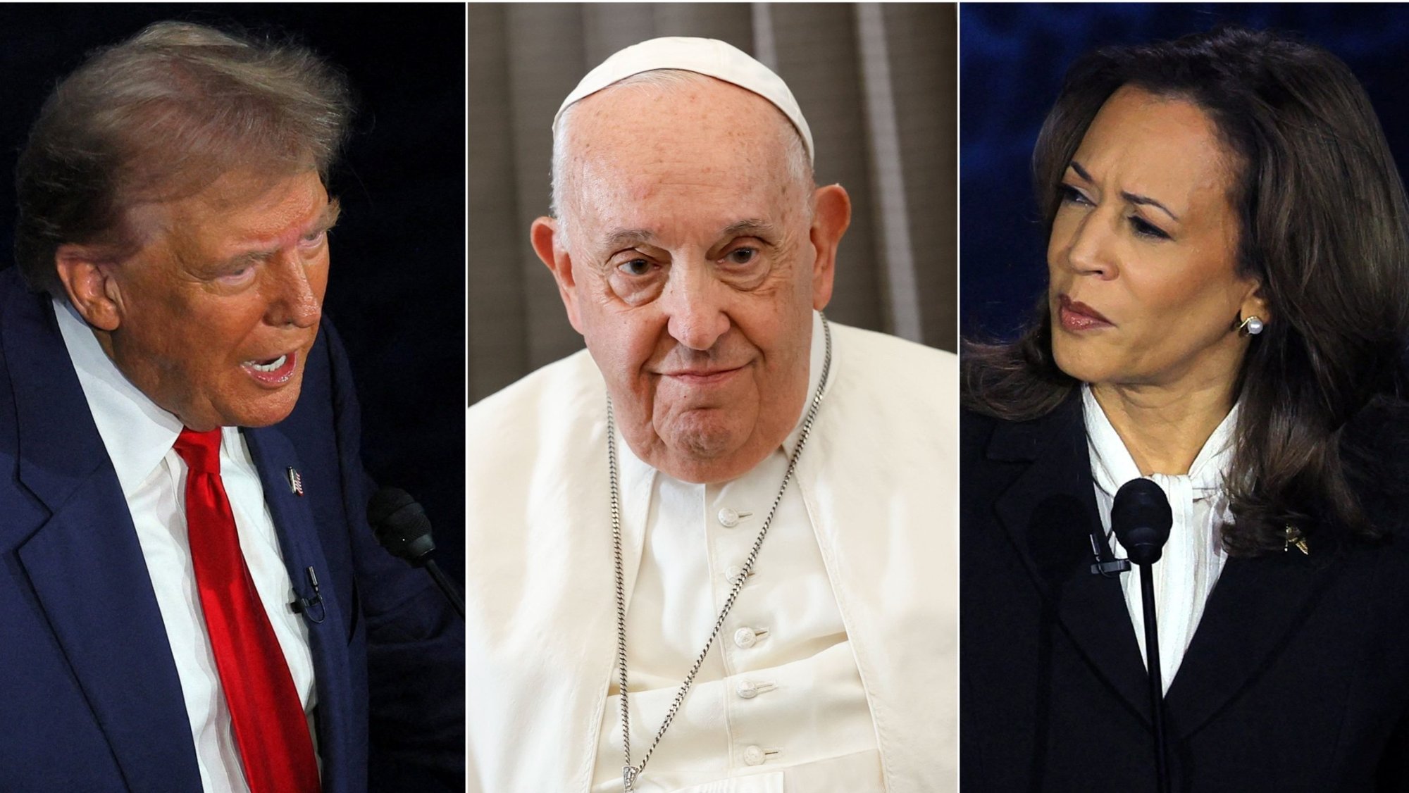 Former President Donald Trump, Pope Francis and Kamala Harris. (Left: OSV News/Brian Snyder, Reuters, Middle: CNS/Lola Gomez, Right: OSV News/Brian Snyder, Reuters)