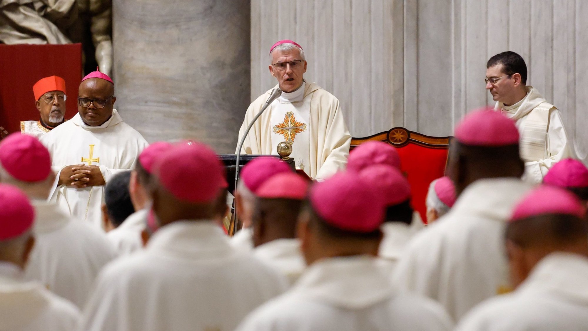 Archbishop Timothy Costelloe of Perth, Australia, speaks during a Mass with members of the Synod of Bishops in St. Peter's Basilica Sept. 30, 2024. Synod members participated in a two-day retreat at the Vatican before the opening of the second session of the synod. (CNS photo/Lola Gomez)