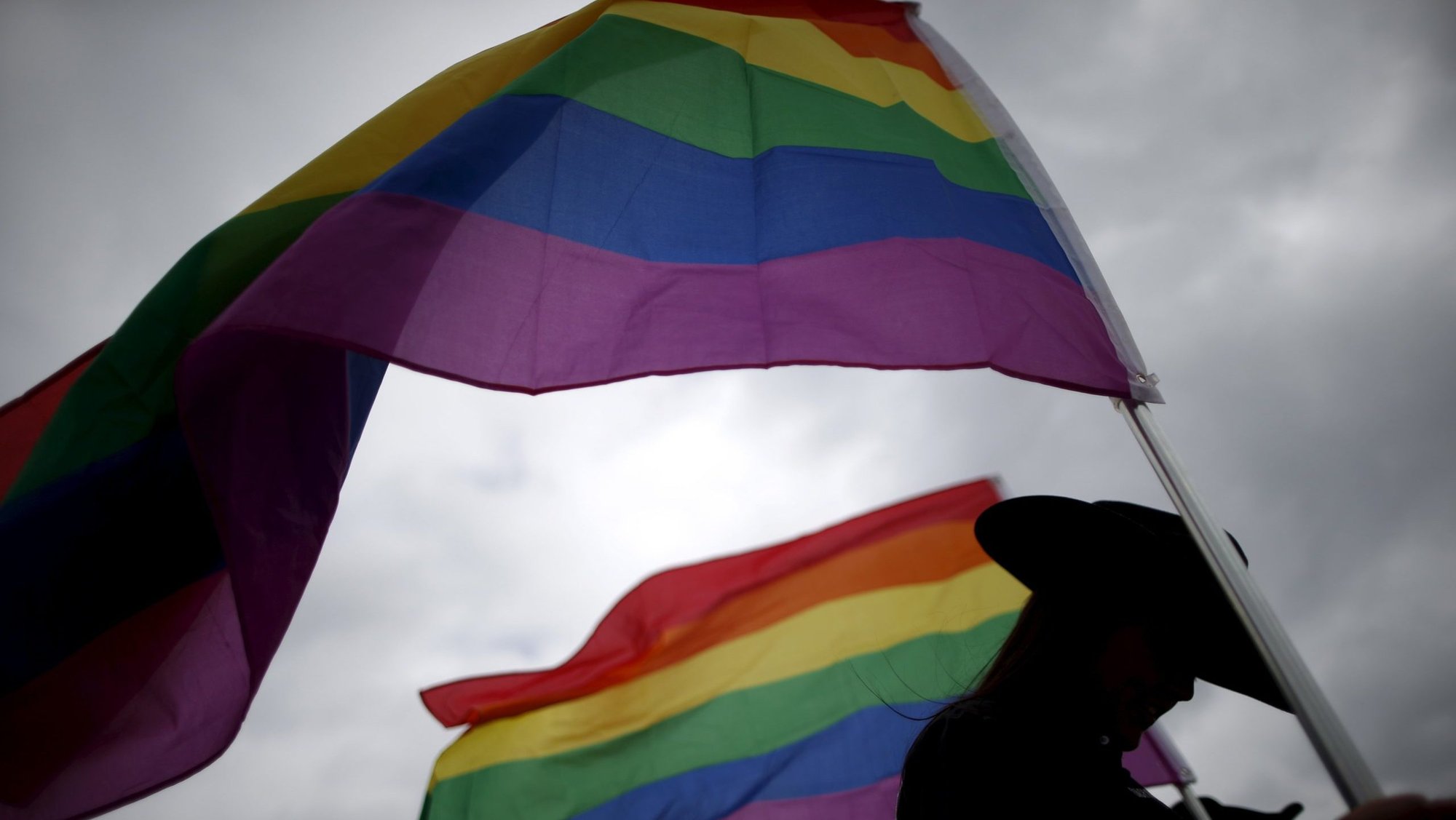 A woman is pictured in a file photo holding rainbow flags for the grand entry at the International Gay Rodeo Association's Rodeo In the Rock event in Little Rock, Ark. April 26, 2015. (OSV News photo/Lucy Nicholson, Reuters)