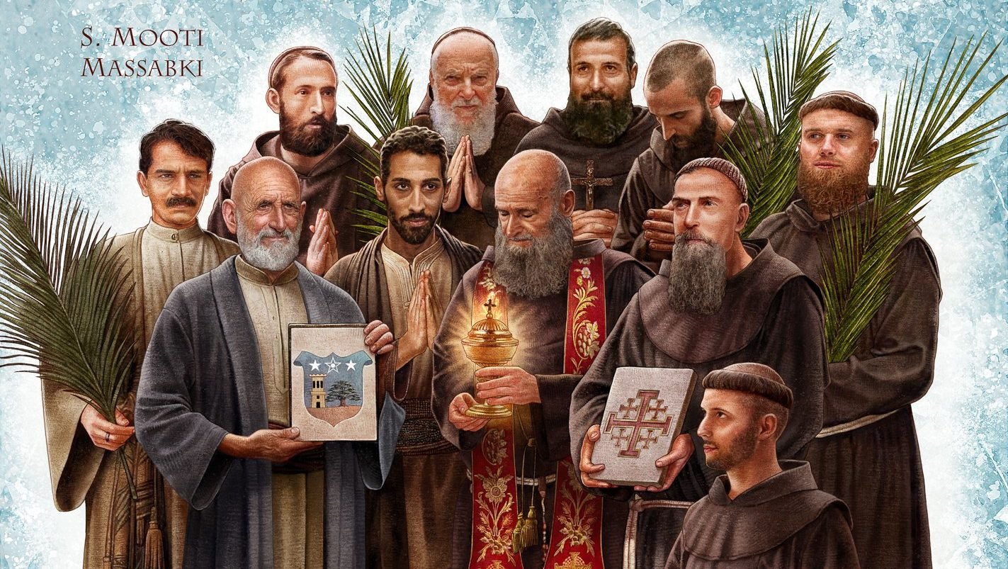 The 11 "martyrs of Damascus" -- eight Franciscan friars and three laymen, blood brothers -- who were scheduled to be canonized Oct. 20, 2024, are depicted in a painting. The 11 were martyred in Damascus, Syria, in 1860. (CNS photo/courtesy of OFM.org)