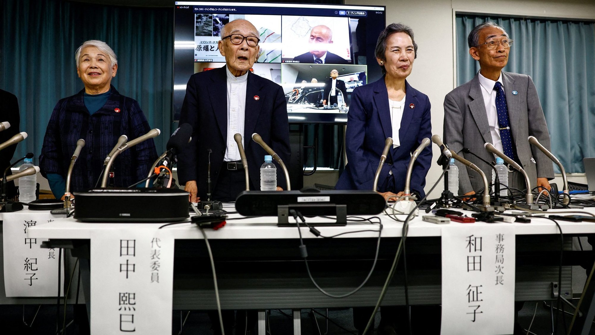 Atomic bomb survivors and members of Nihon Hidankyo, a country-wide organization of atomic and hydrogen bomb sufferers, including Nihon Hidankyo Assistant Secretary General Toshiko Hamanaka, Co-chairperson Terumi Tanaka, Assistant Secretary General Masako Wada, Assistant Secretary General Jiro Hamasumi attend a press conference on the following day of the group winning the 2024 Nobel Peace Prize, in Tokyo Oct. 12, 2024. (OSV News photo/Issei Kato, Reuters)