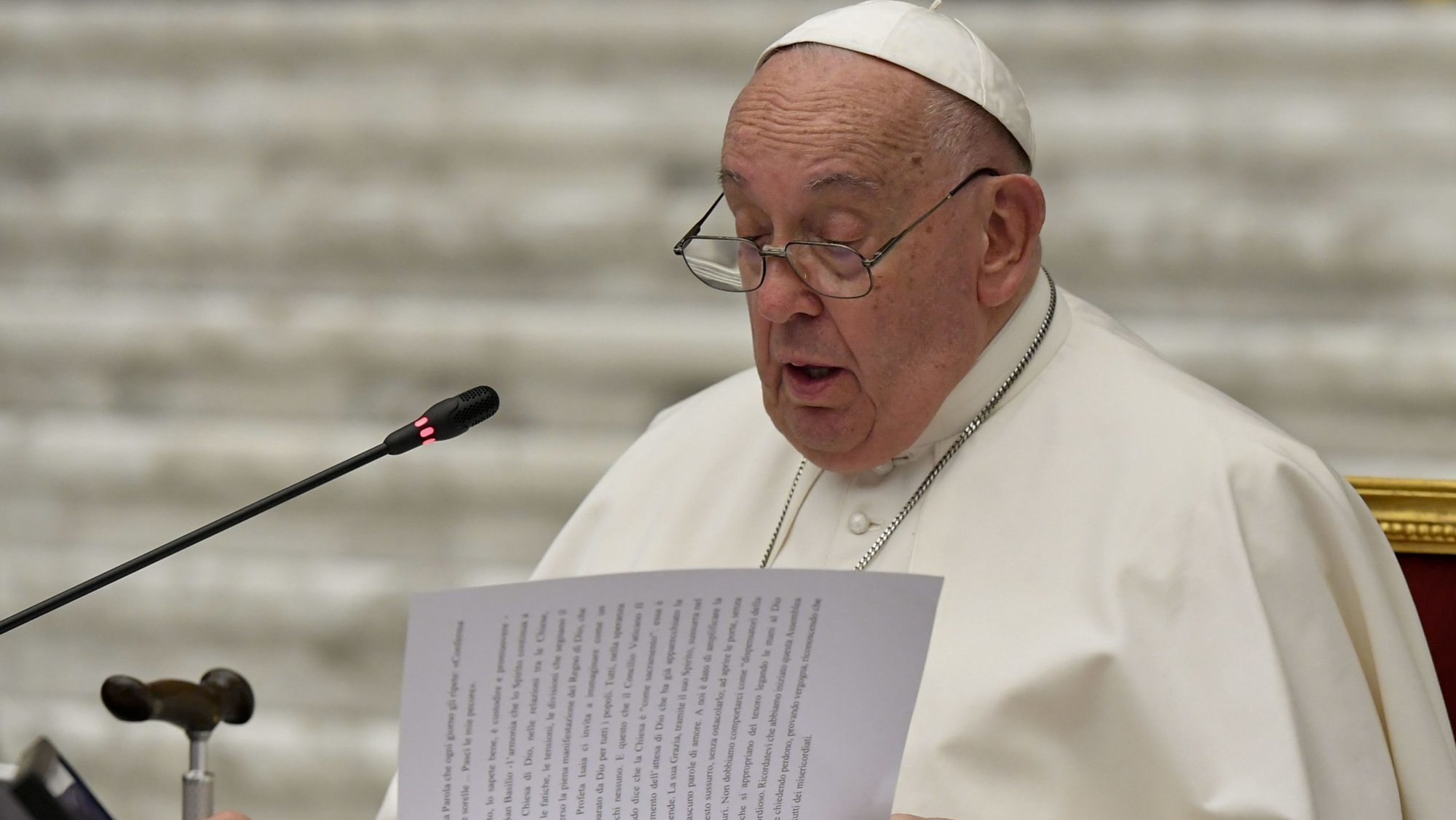 Pope Francis speaks to members of the Synod of Bishops on synodality after they approved their final document Oct. 26, 2024, in the Paul VI Audience Hall at the Vatican. (CNS photo/Vatican Media)