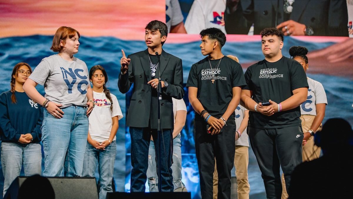 Members of the National Youth Advisory Council speak during the 2022 National Catholic Youth Conference in Long Beach, Calif. The 2024 NCYC will be held again in Long Beach Nov. 14-16. (OSV News photo/courtesy National Federation for Catholic Youth Ministry)