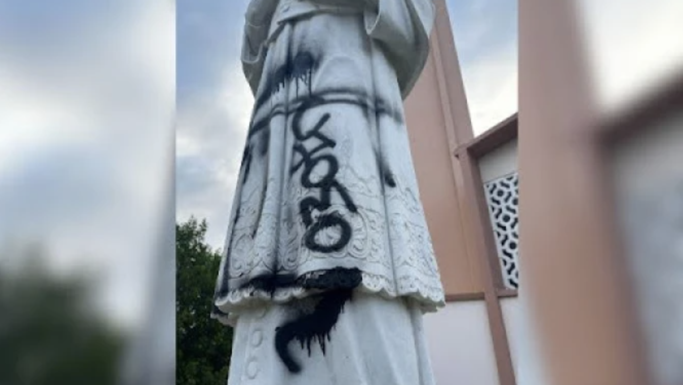The statue of the patron saint of St. Francis de Sales Parish in Sherman Oaks has been vandalized three times total in September and August. The vandalism in the photograph is being investigated as a “hate crime” by local police, according to the church's pastor. (Courtesy of Father Michael Wakefield via CNA)