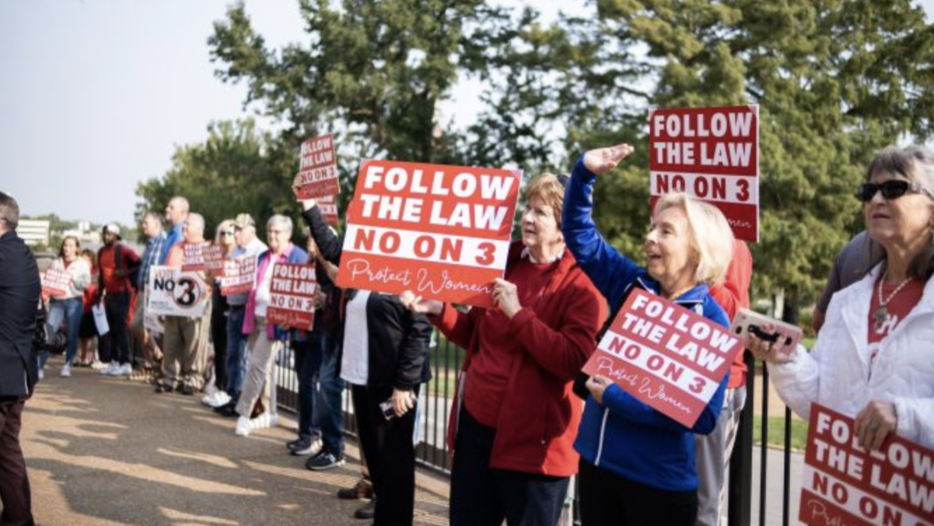 Pro-life protestors hold signs outside the Missouri Supreme Court on Sept. 10, 2024, advocating against Amendment 3, which would dramatically expand abortion access in Missouri if passed in November. (Courtesy of Thomas More Society via CNA)