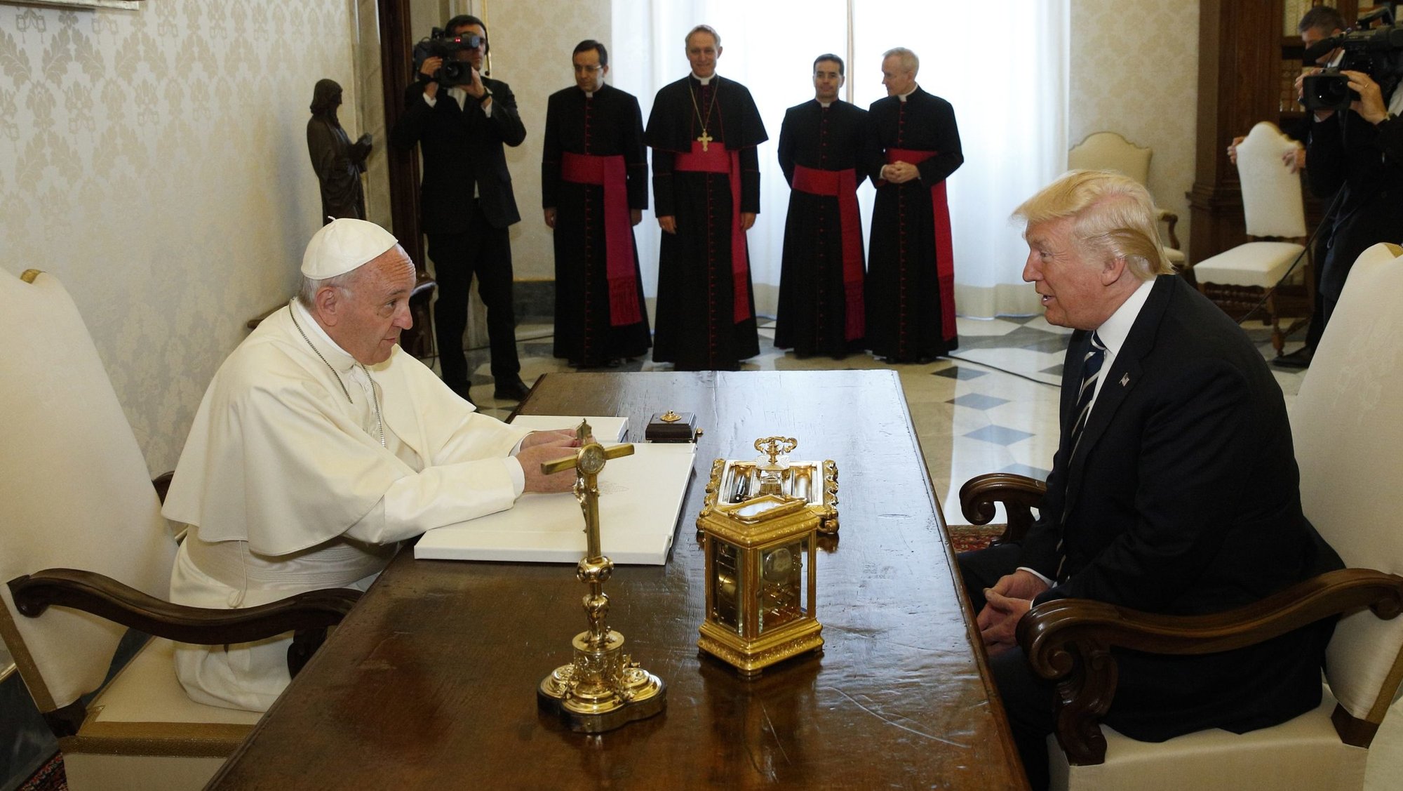Pope Francis meets U.S. President Donald Trump during a private audience at the Vatican in this 2017 file photo. The two leaders found common ground on protecting the unborn and religious freedom but also discussed their different positions on climate change and migrants and refugees. (CNS photo/Paul Haring)