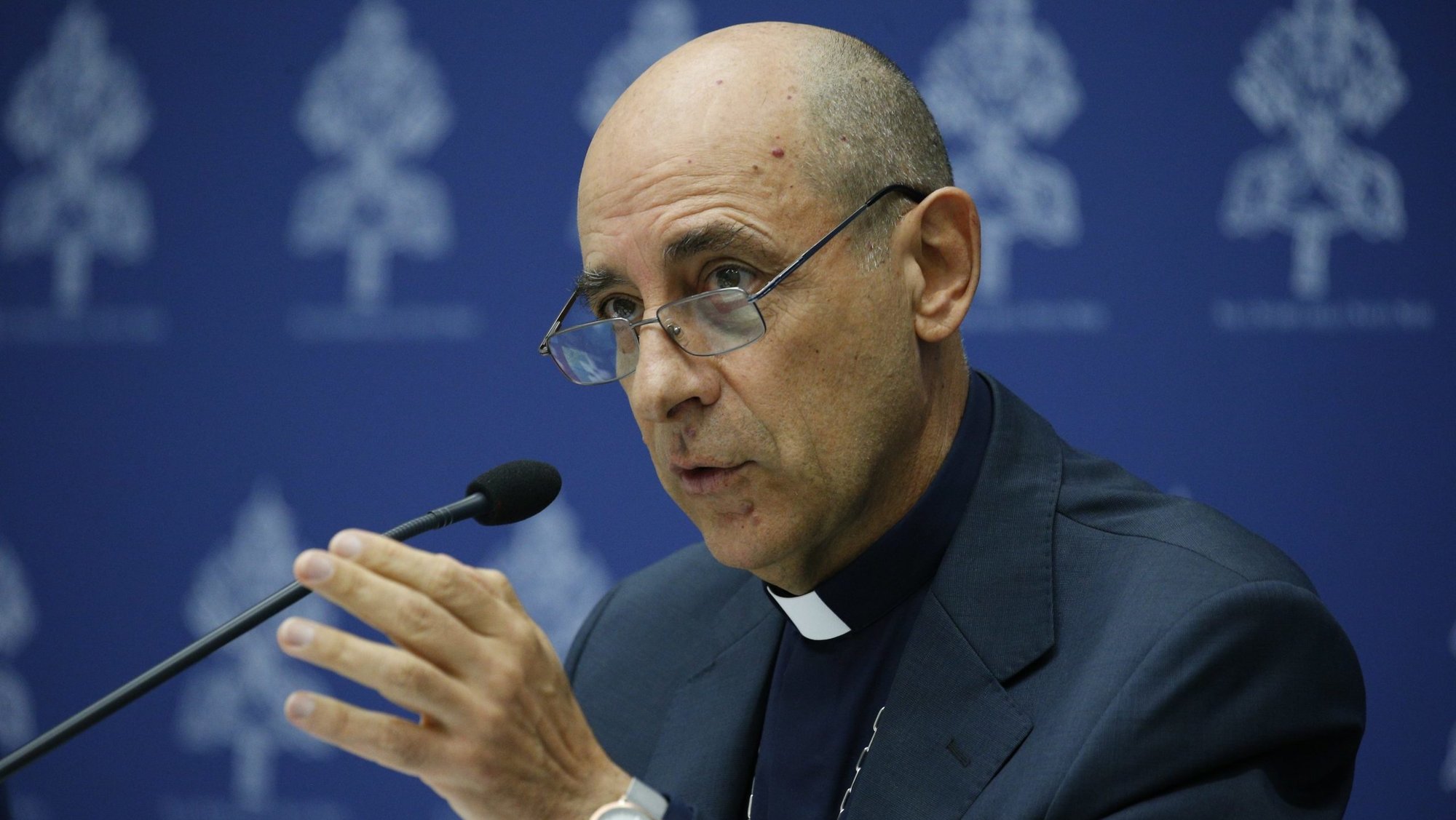 Cardinal Víctor Manuel Fernández, prefect of the Dicastery for the Doctrine of the Faith, speaks at a news conference at the Vatican Sept. 19, 2024, on the dicastery's approval of pilgrimages and other spiritual practices related to the alleged Marian apparitions in Medjugorje, Bosnia-Herzegovina. (CNS photo/Justin McLellan)