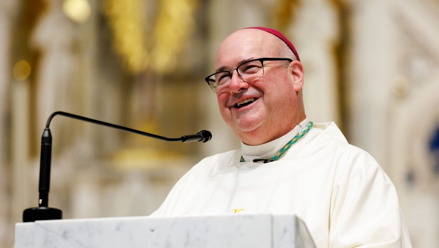Archbishop Richard G. Henning smiles as he delivers remarks before the final blessing of his installation Mass as archbishop of Boston at the Cathedral of the Holy Cross in Boston Oct. 31, 2024. (OSV News photo/Gregory L. Tracy, The Pilot)