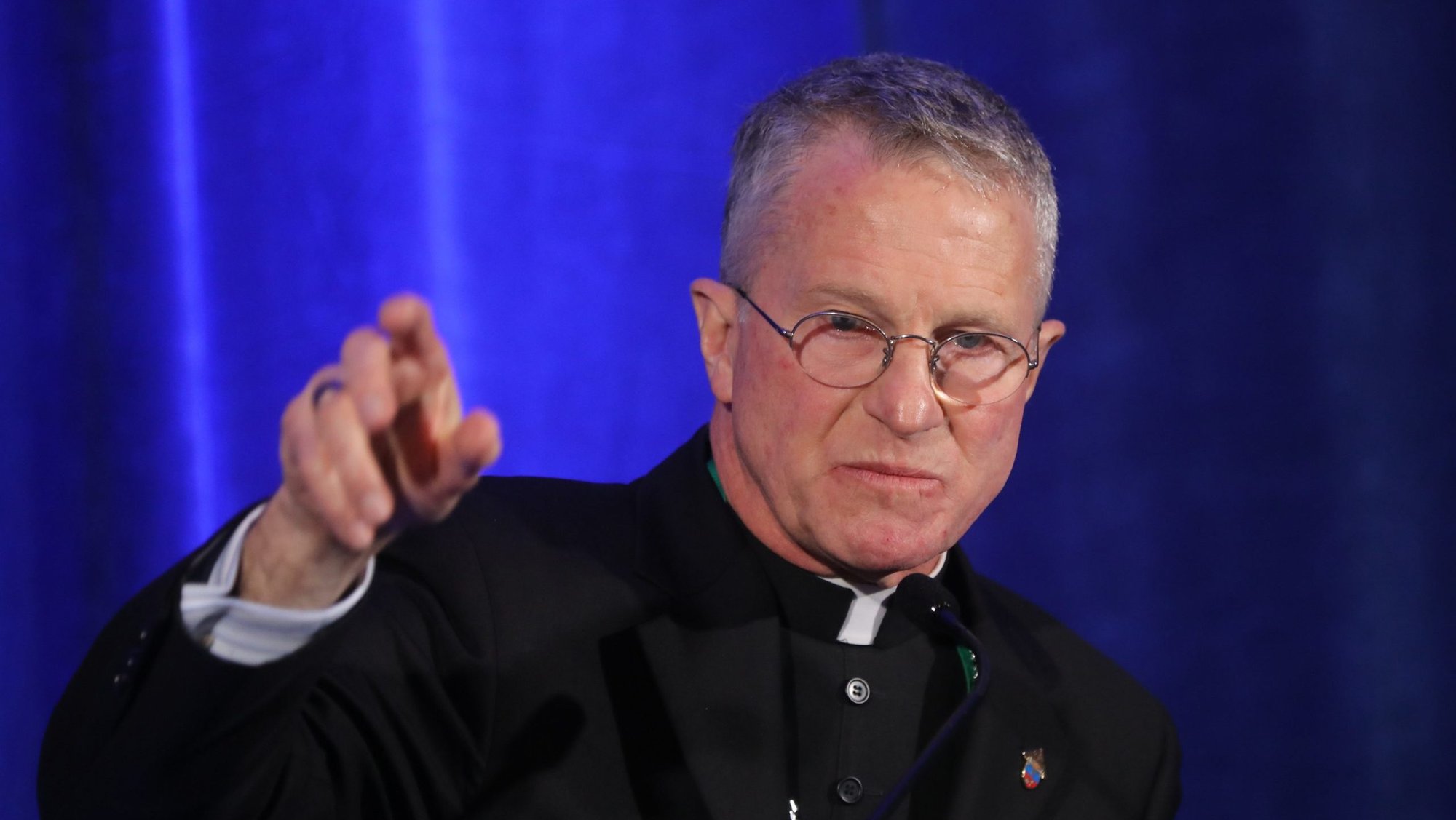 Archbishop Timothy P. Broglio of the U.S. Archdiocese for the Military Services, president of the U.S. Conference of Catholic Bishops, speaks during a news conference at a Nov. 14, 2023, session of the bishops' fall general assembly in Baltimore. Archbishop Broglio issued a USCCB statement Nov. 6, 2024, calling for prayer and unity following the results of the presidential election. (OSV News photo/Bob Roller)