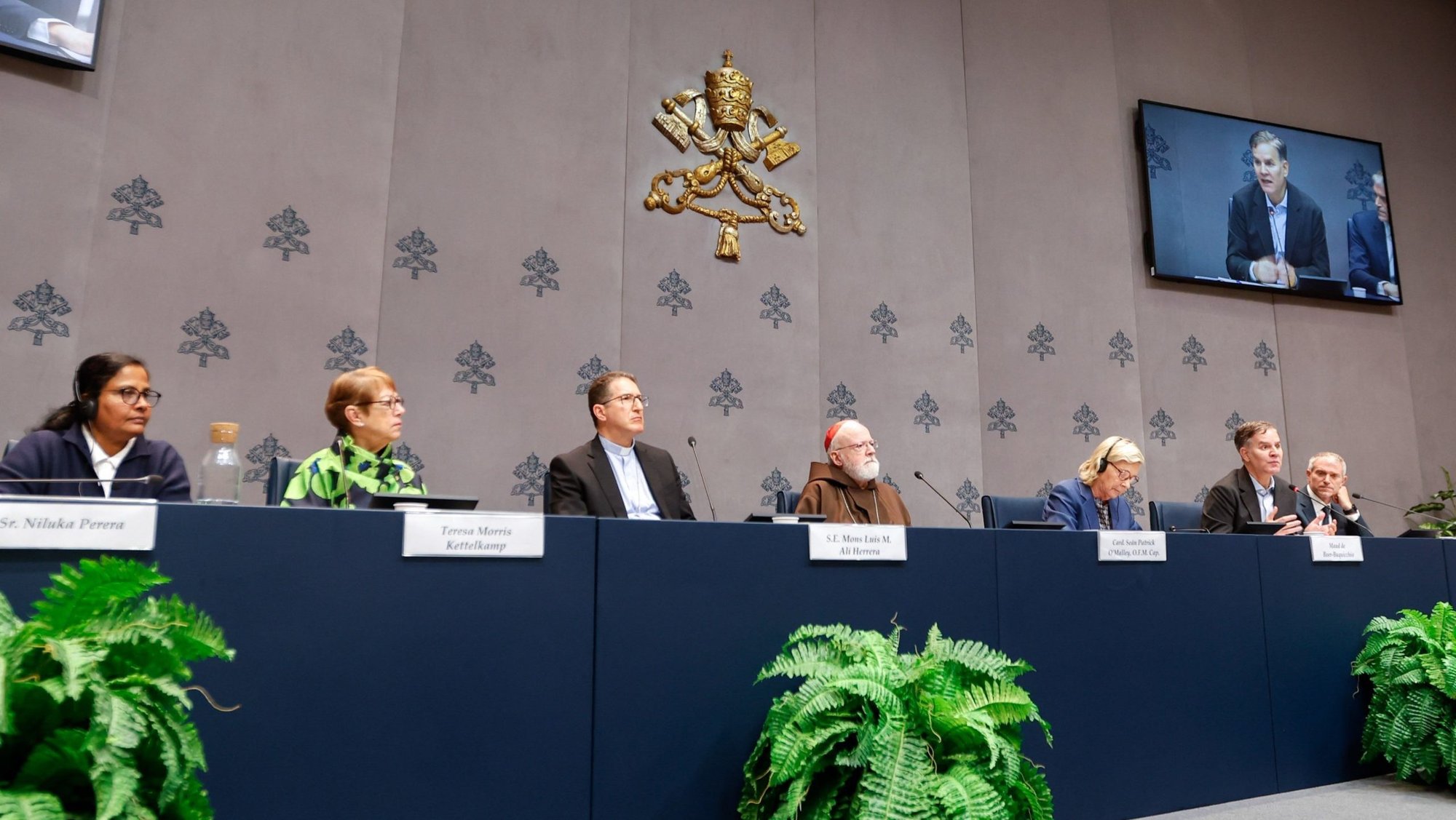 The Pontifical Commission for the Protection of Minors presents its pilot report on safeguarding at a Vatican news conference Oct. 29, 2024. From the left are: Sri Lankan Good Shepherd Sister Niluka Perera, a social worker and coordinator of Catholic Care for Children; Teresa Kettelkamp, adjunct secretary of the commission; Colombian Bishop Luis Manuel Alí Herrera, commission secretary; Cardinal Sean P. O’Malley, commission president; Maud de Boer-Buquicchio, a Dutch lawyer; and Juan Carlos Cruz, a commission members and abuse survivor. (CNS photo/Lola Gomez)