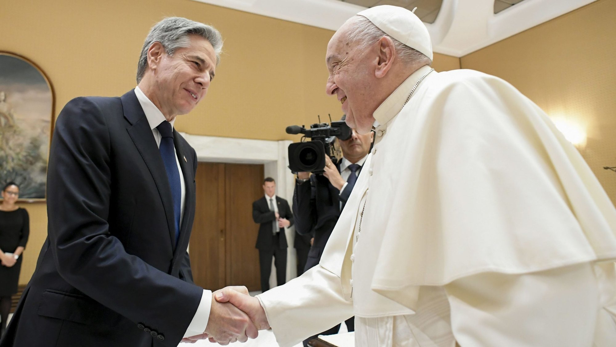 Pope Francis and U.S. Secretary of State Antony J. Blinken shake hands after a private meeting at the Vatican Nov. 27, 2024. (CNS photo/Vatican Media)