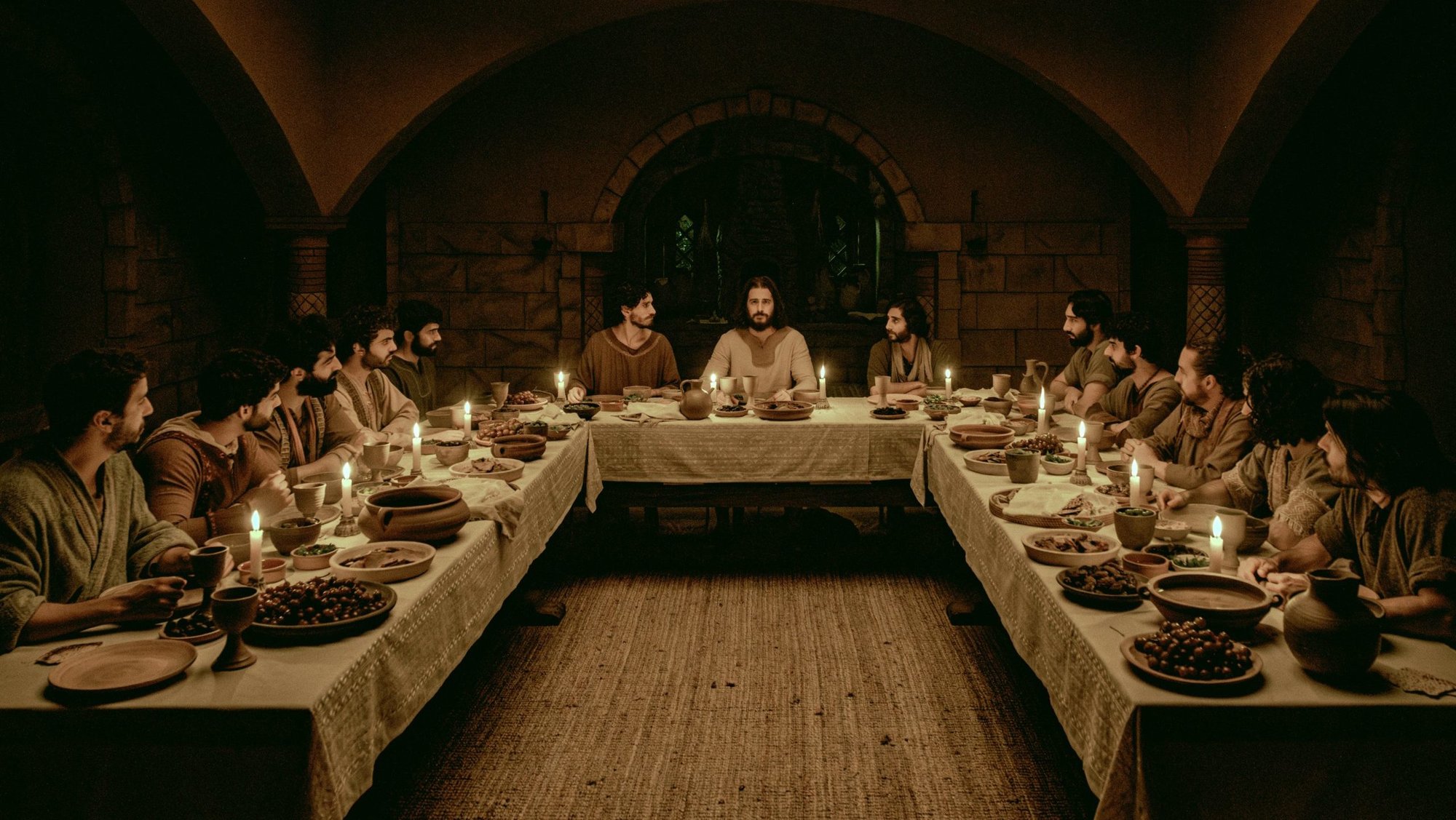 Jonathan Roumie, center, who plays Christ in the series "The Chosen," is pictured in a scene from Season 5 depicting the Last Supper. Beginning March 27, the new season of the hit series, which focuses on the life of Jesus and his closest disciples, will hit theaters in the weeks leading up to Easter, which is April 20. The season will debut later in 2025 on streaming services. (OSV News photo/The Chosen)