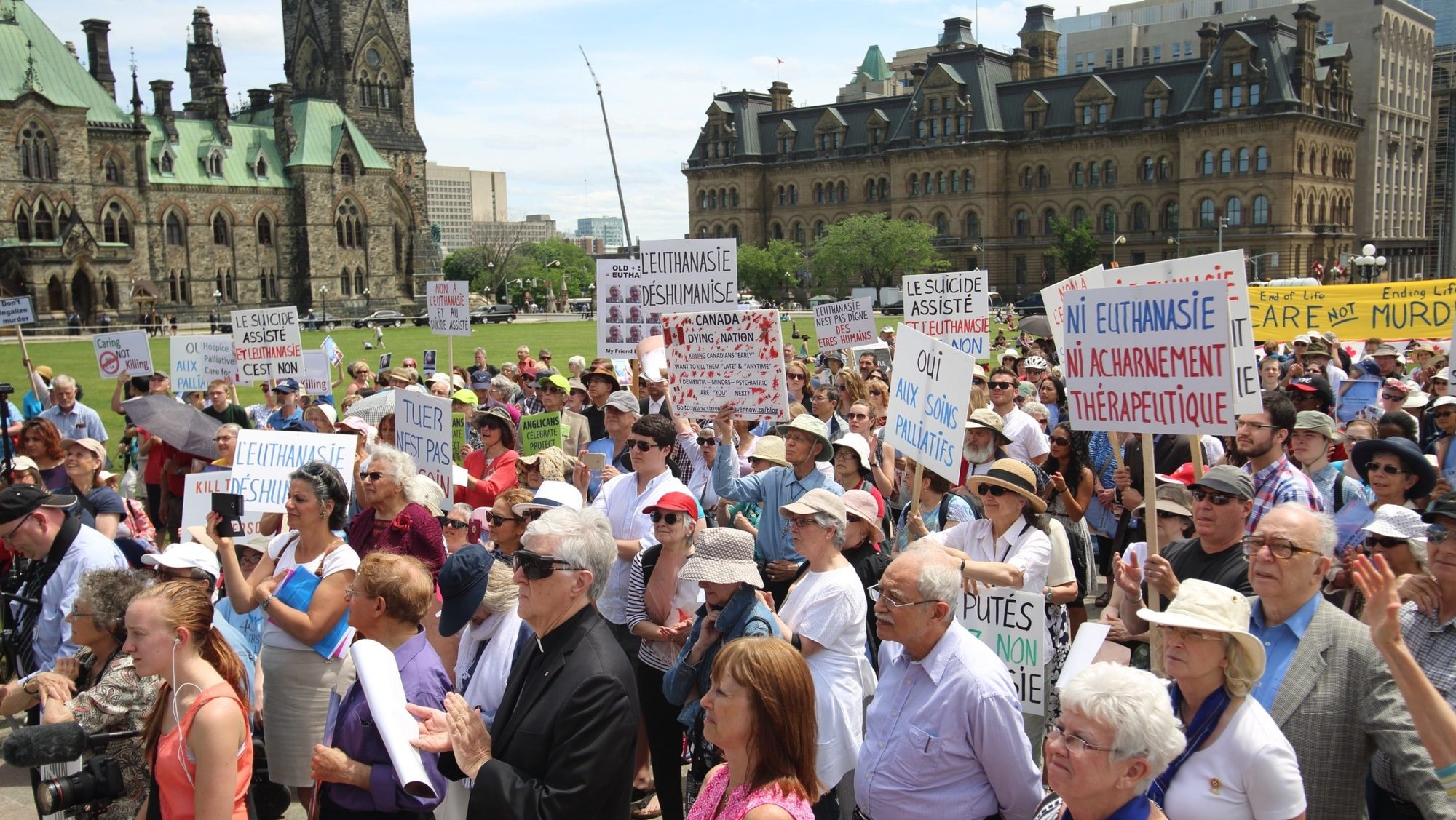 Opponents of euthanasia and assisted suicide rally on Parliament Hill in Ottawa, Ontario, in 2016 as the Senate began debate on Bill C-41, the doctor-assisted dying bill, which became law. (CNS photo/Art Babych)