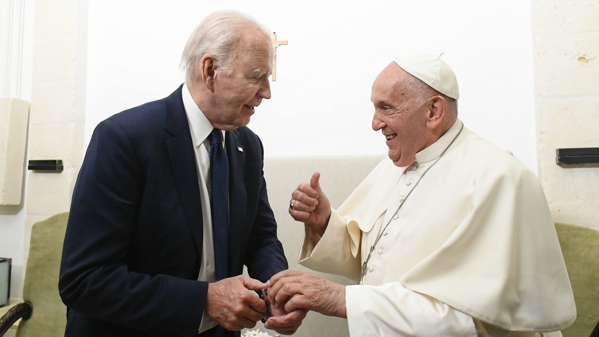 Pope Francis gives U.S. President Joe Biden a thumbs up during a private meeting on the margins of the Group of Seven summit in Borgo Egnazia, in Italy's southern Puglia region, June 14, 2024. (CNS photo/Vatican Media)