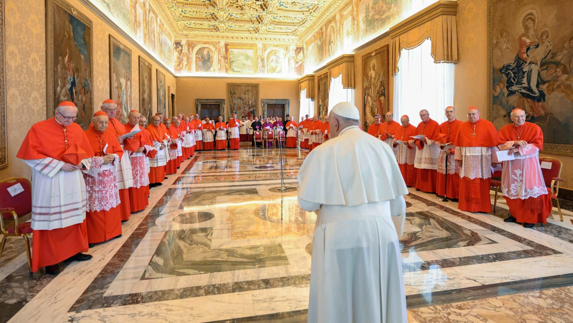 Pope Francis holds a consistory at the Vatican July 1, 2024, with cardinals living in Rome to approve the canonization of several sainthood candidates. The pope announced the date for the canonizations will be Oct. 20 for everyone except Blessed Carlo Acutis, whose canonization date is yet to be determined. (CNS photo/Vatican Media)