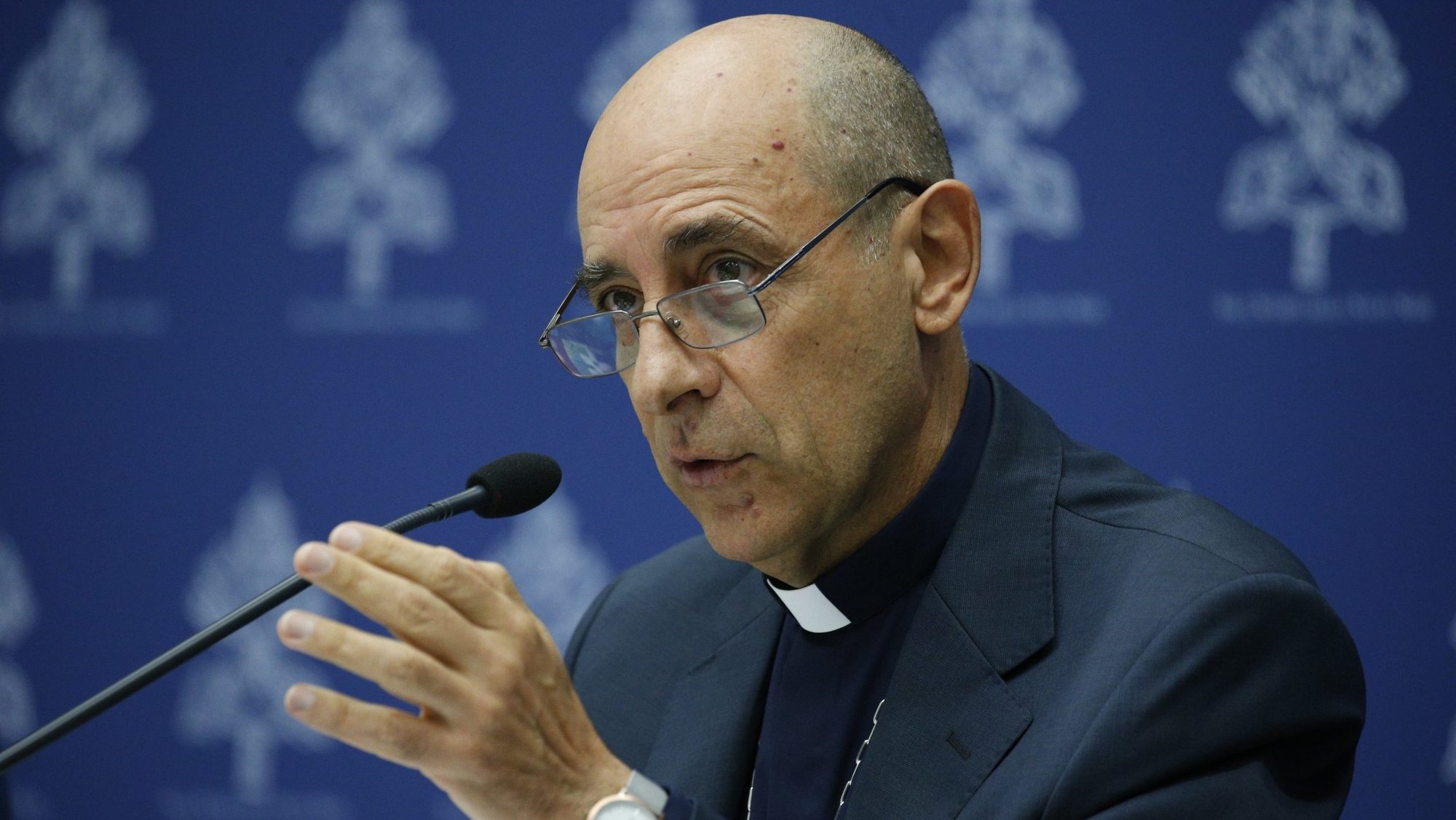 Cardinal Víctor Manuel Fernández, prefect of the Dicastery for the Doctrine of the Faith, speaks at a news conference at the Vatican Sept. 19, 2024. (CNS photo/Justin McLellan)