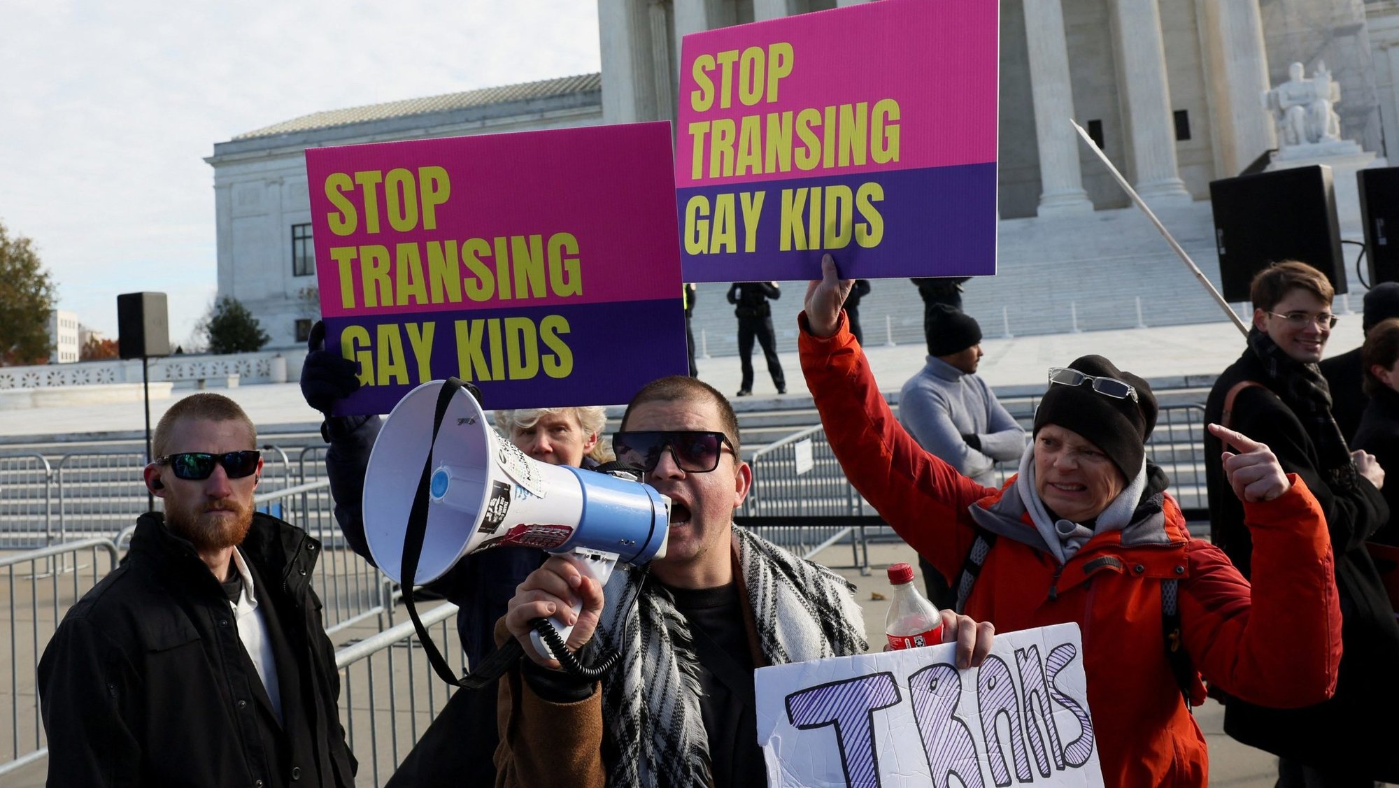 Derek Torstenson uses a bullhorn outside the U.S. Supreme Court in Washington Dec. 4, 2024, as the justices hear arguments over an appeal by U.S. President Joe Biden's administration of a lower court's decision upholding a Republican-backed ban in Tennessee on gender-affirming medical care for transgender minors. (OSV News photo/Leah Millis, Reuters)