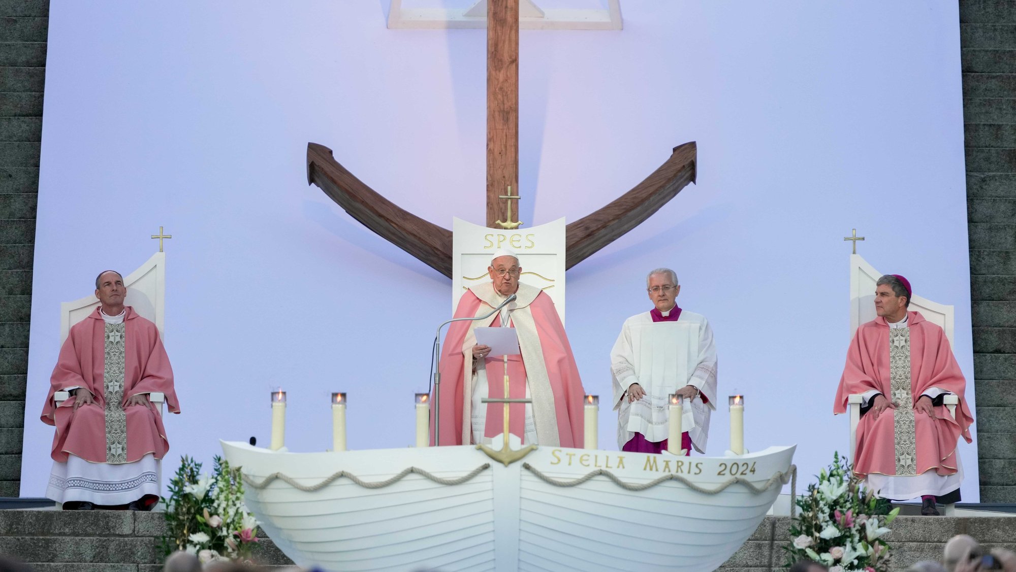 Pope Francis delivers his homily as he celebrates Mass on Gaudete Sunday in Austerlitz Square in Ajaccio, France, Dec. 15, 2024. (CNS photo/Lola Gomez)
