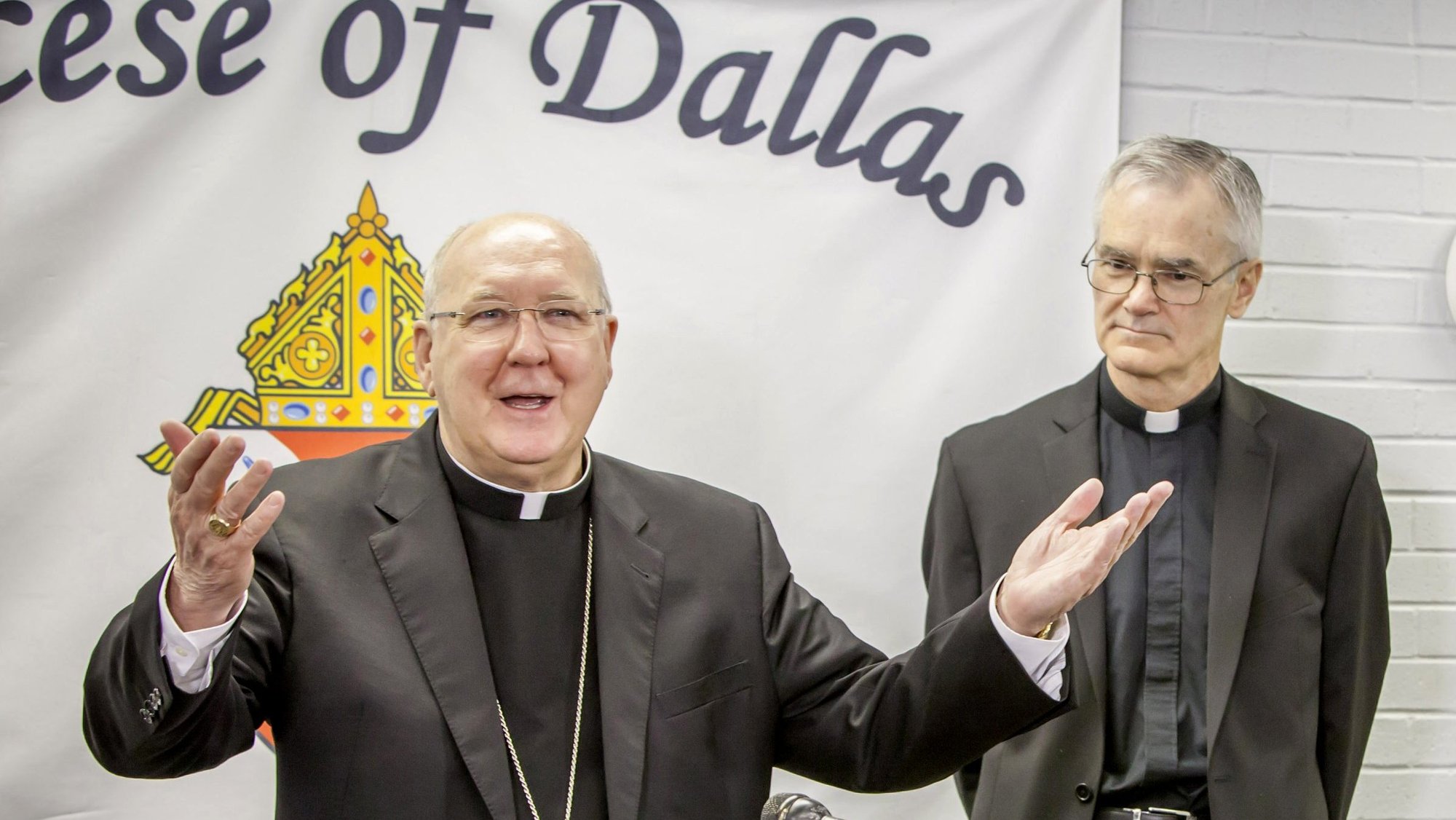 Then-Dallas Bishop Kevin J. Farrell, left, alongside then-Msgr. J. Gregory Kelly, right, after he was appointed a new auxiliary bishop for the Diocese of Dallas in 2015. It was announced Dec. 20, 2024, that Pope Francis has appointed Bishop Kelly as bishop of Tyler, Texas. (OSV News file photo/Ron Heflin, The Texas Catholic)